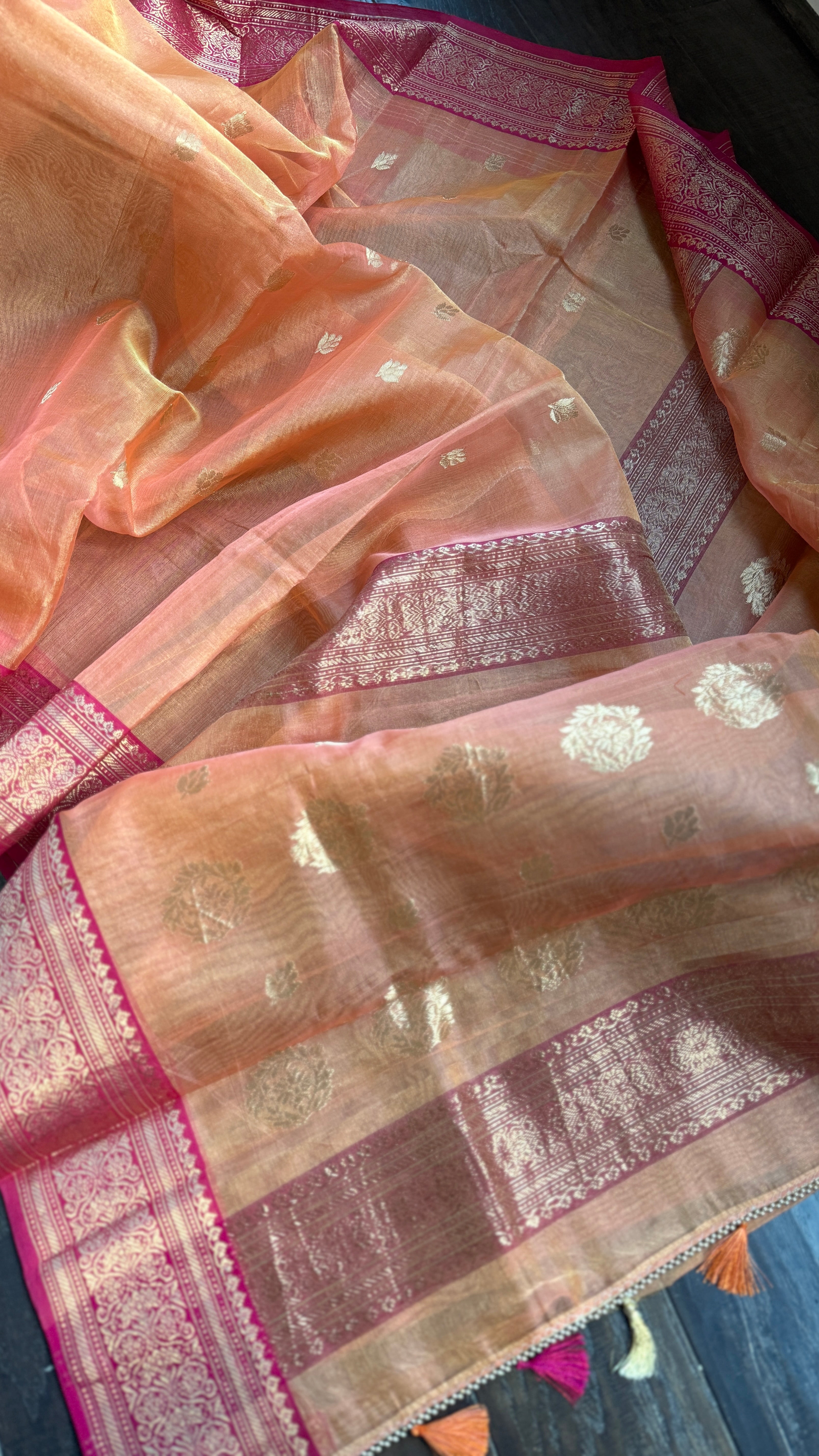 Tissue Chanderi Organza Silk - Dual Shaded Peach Orange Magenta