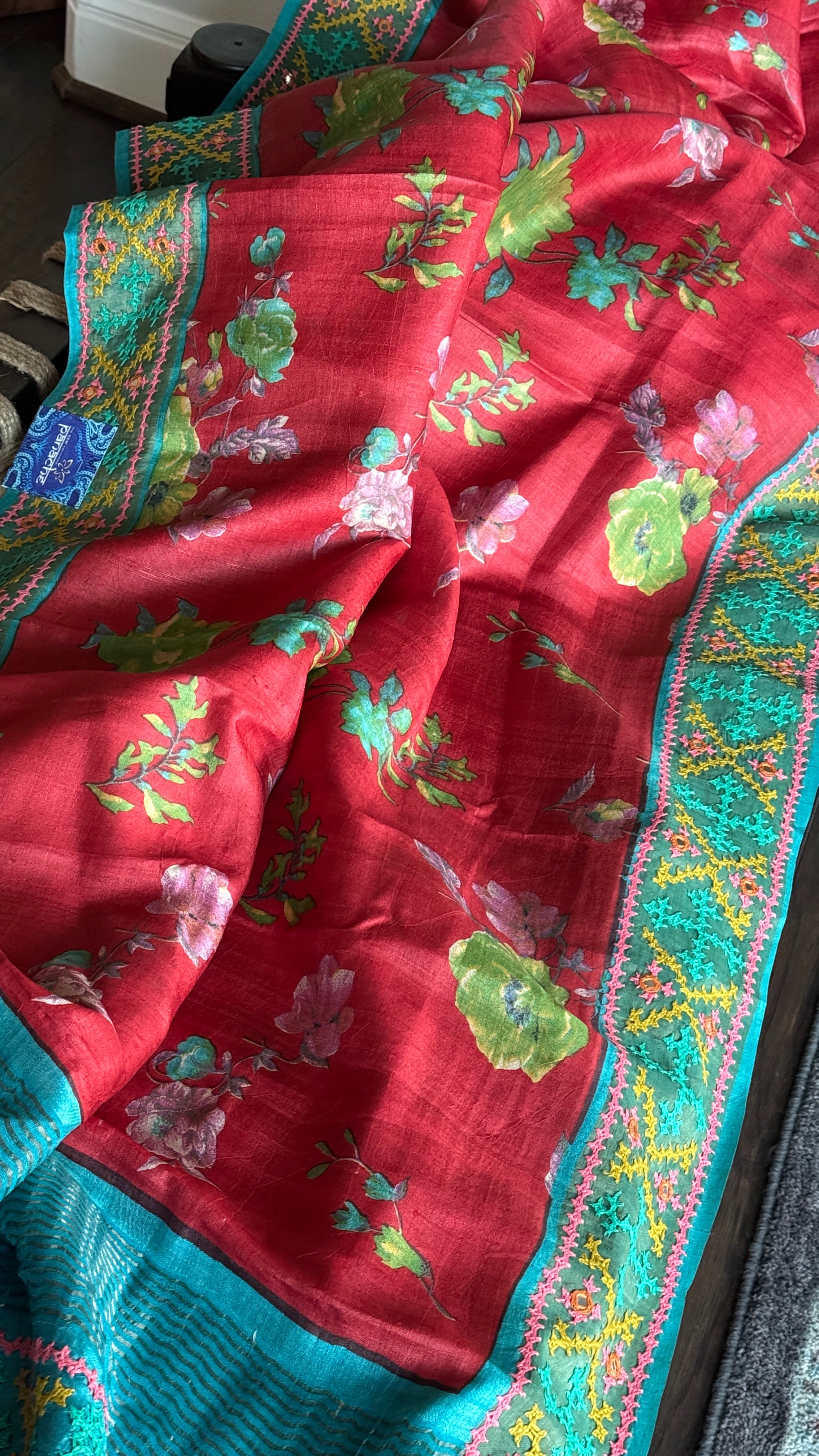 Tussar Silk Kutch Hand Embroidered - Red Floral