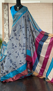 Pure Tussar Silk - Blue Firozi Magenta