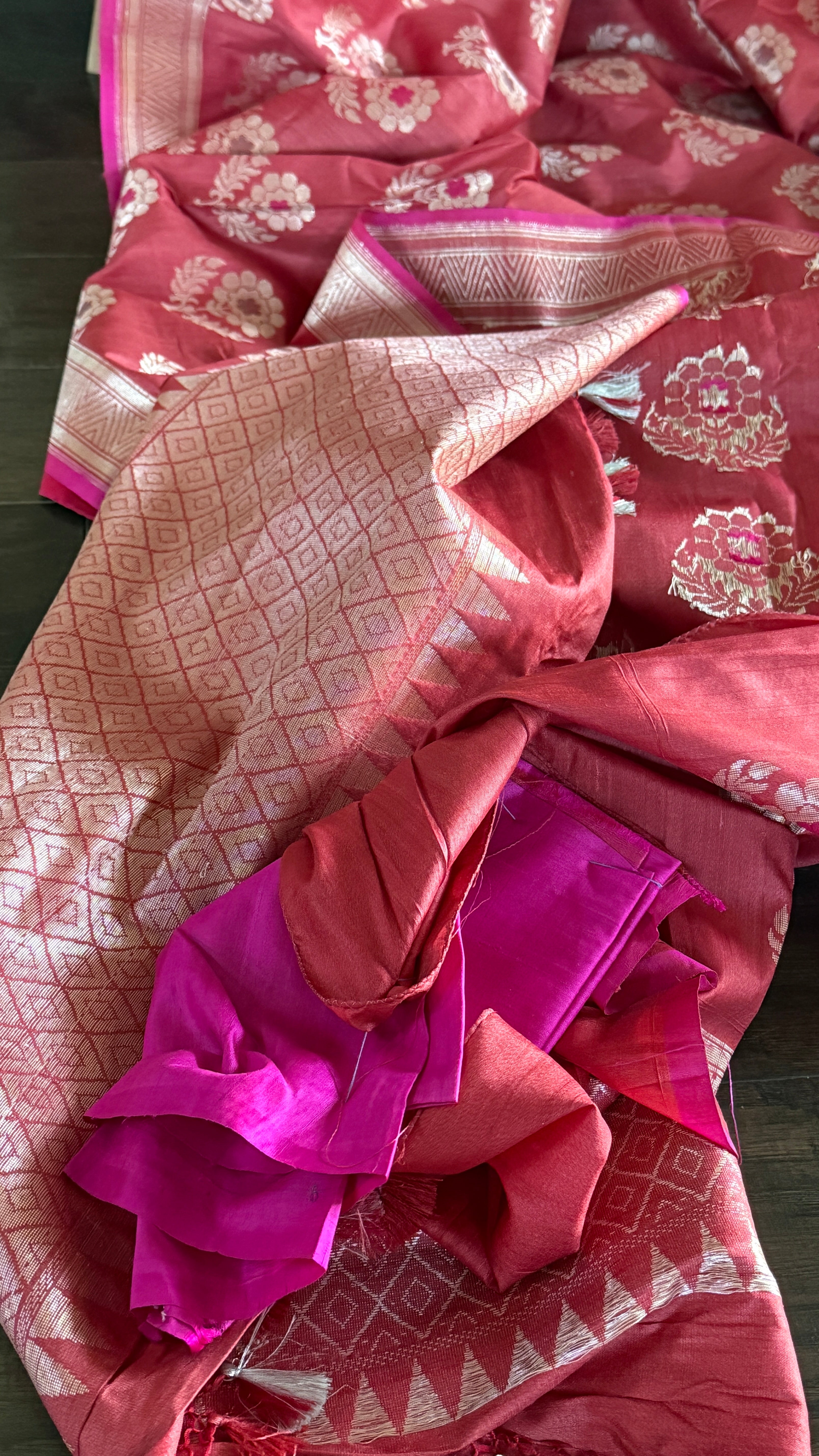 Tussar Silk Banarasi - Orange Pink Dual Shaded Antique Zari