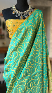 Pure Silk Contemporary Paithani Banarasi- Sea Green Yellow