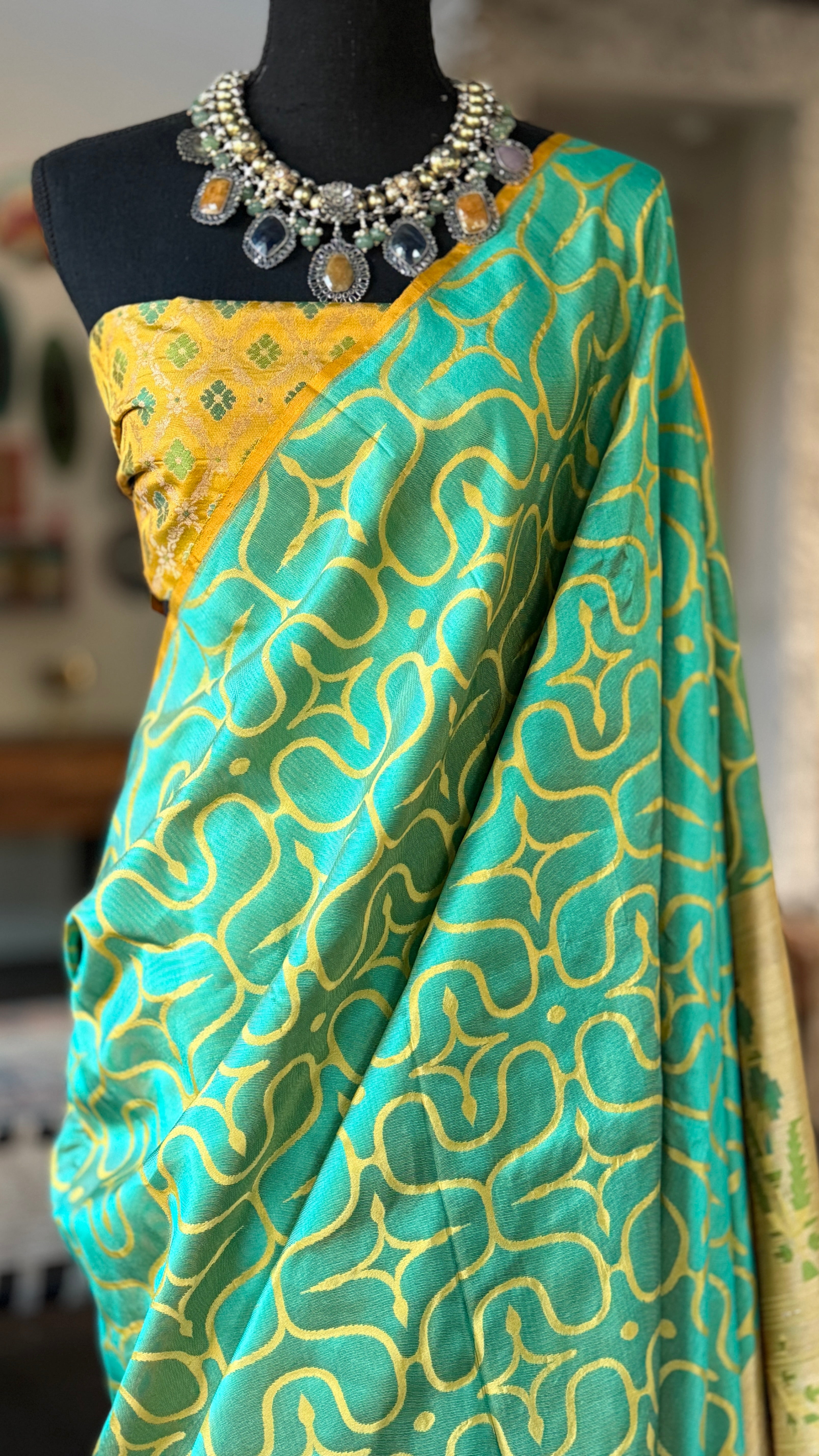 Pure Silk Contemporary Paithani Banarasi- Sea Green Yellow