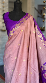 Tussar Georgette Katan Silk Banarasi - Blush pink Purple Kadhua