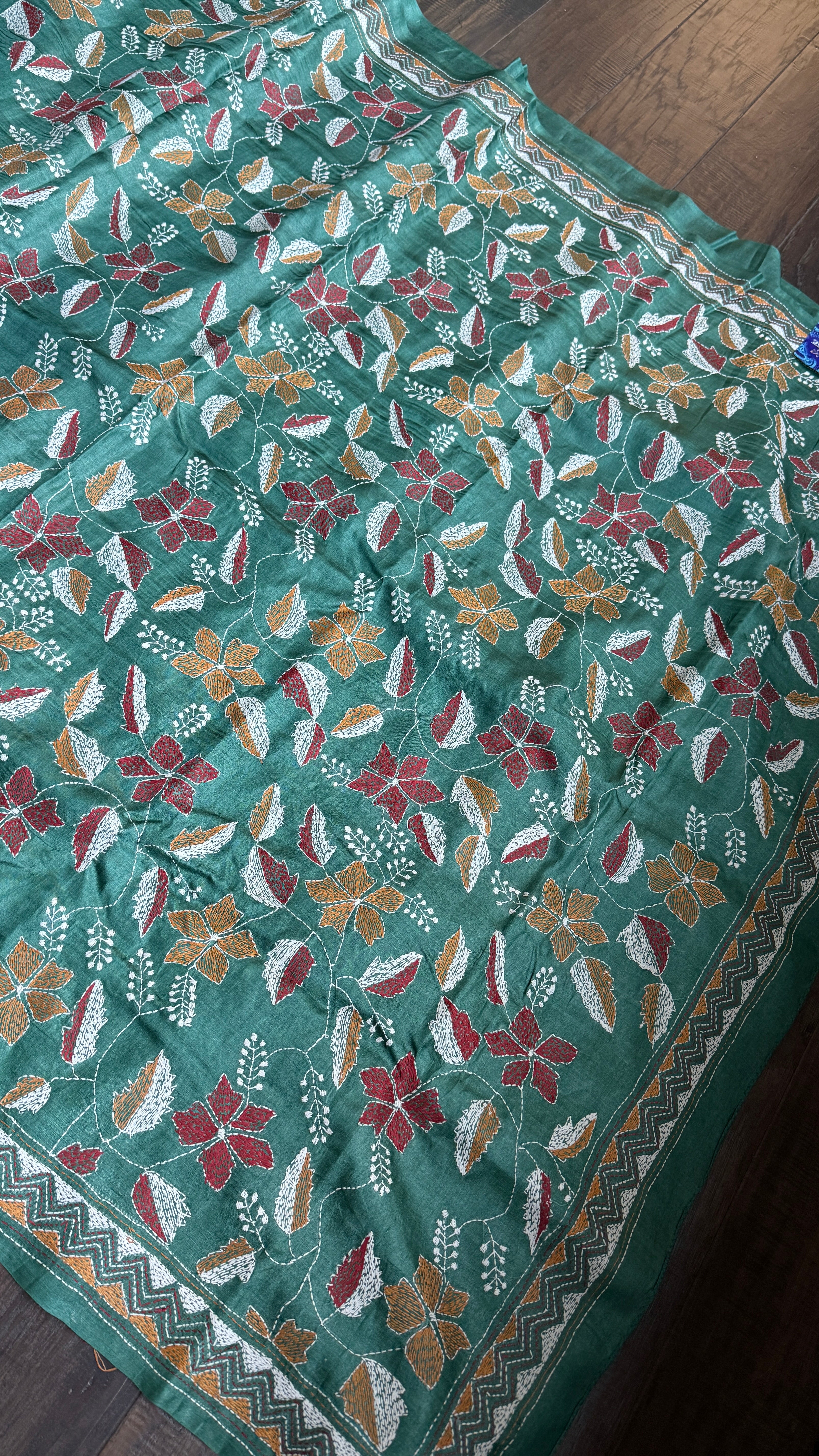 Pure Tussar Silk Kantha Stitch -  Dark Green Multi Color