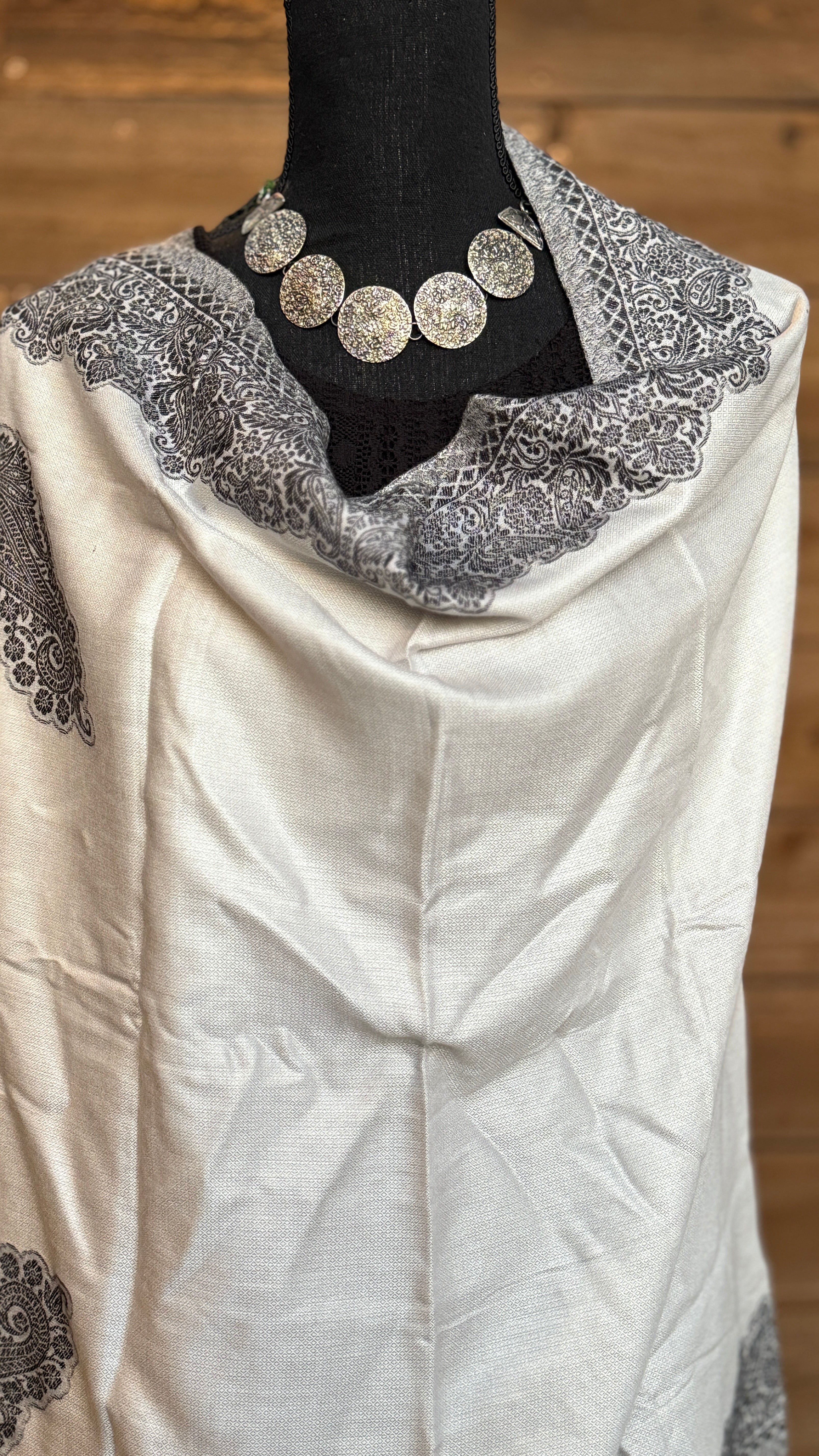 Kashmiri Woven Stole - Beige Black
