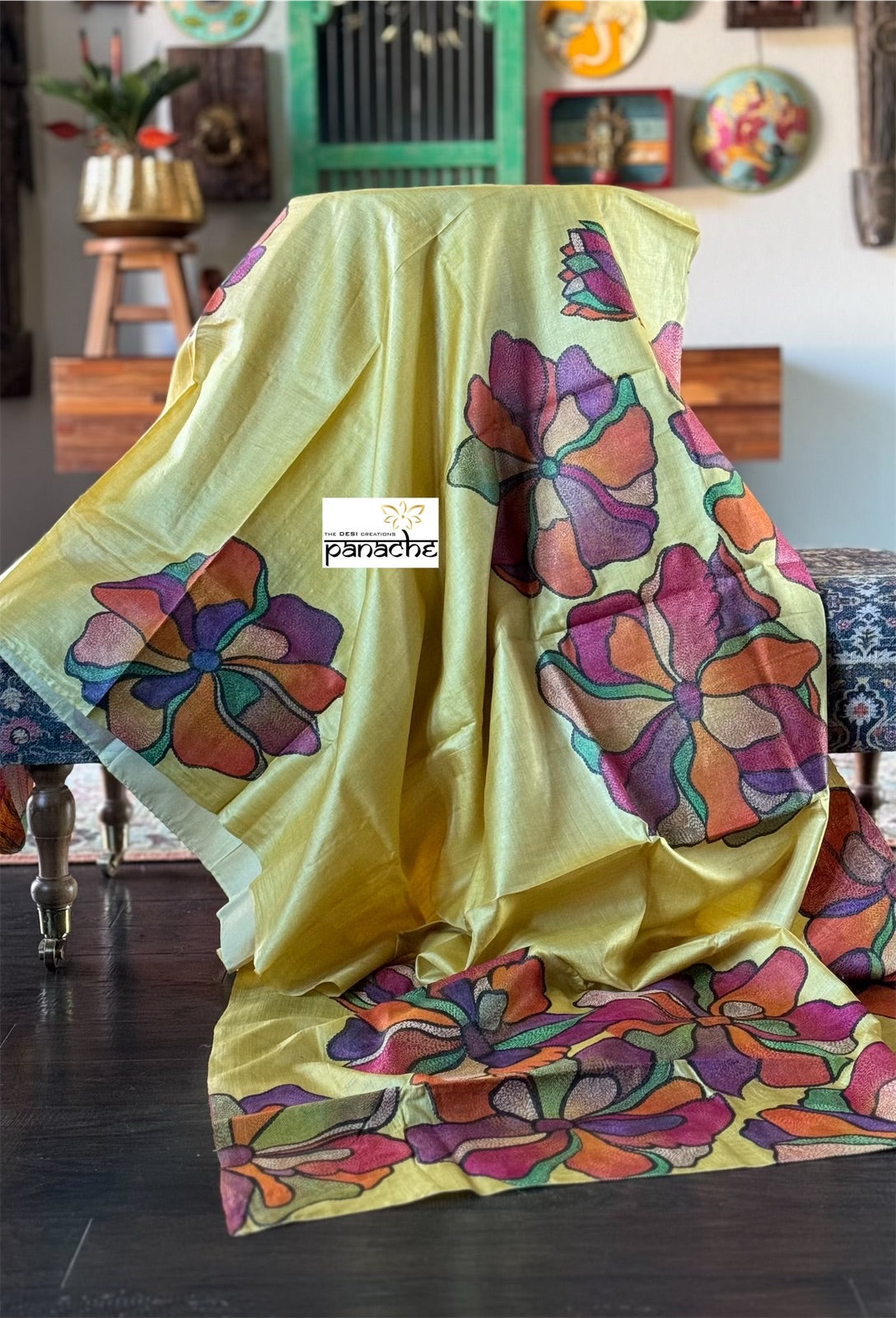 Pure Tussar Silk Kantha Stitch - Yellow