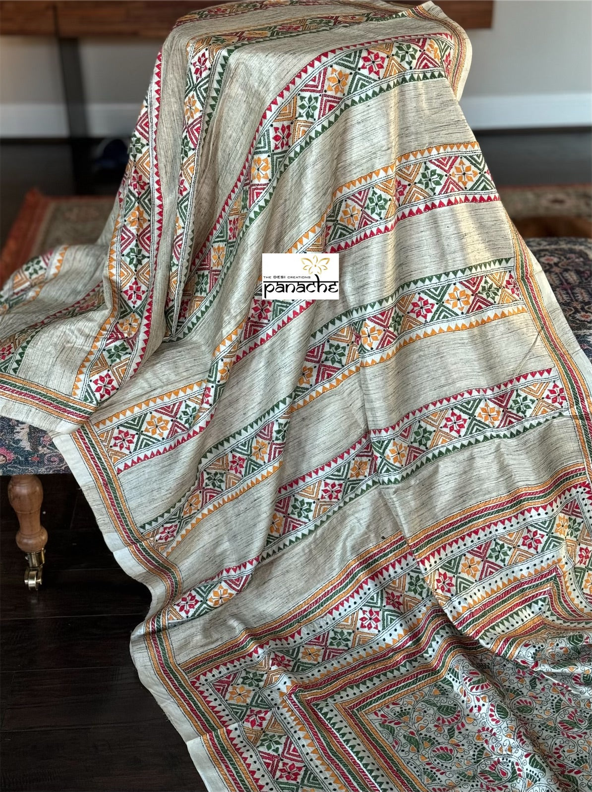 Pure Tussar Silk Kantha Stitch - Beige Multi color