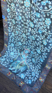 Tussar Silk Pen Kalamkari - Grey Hand Embroidered