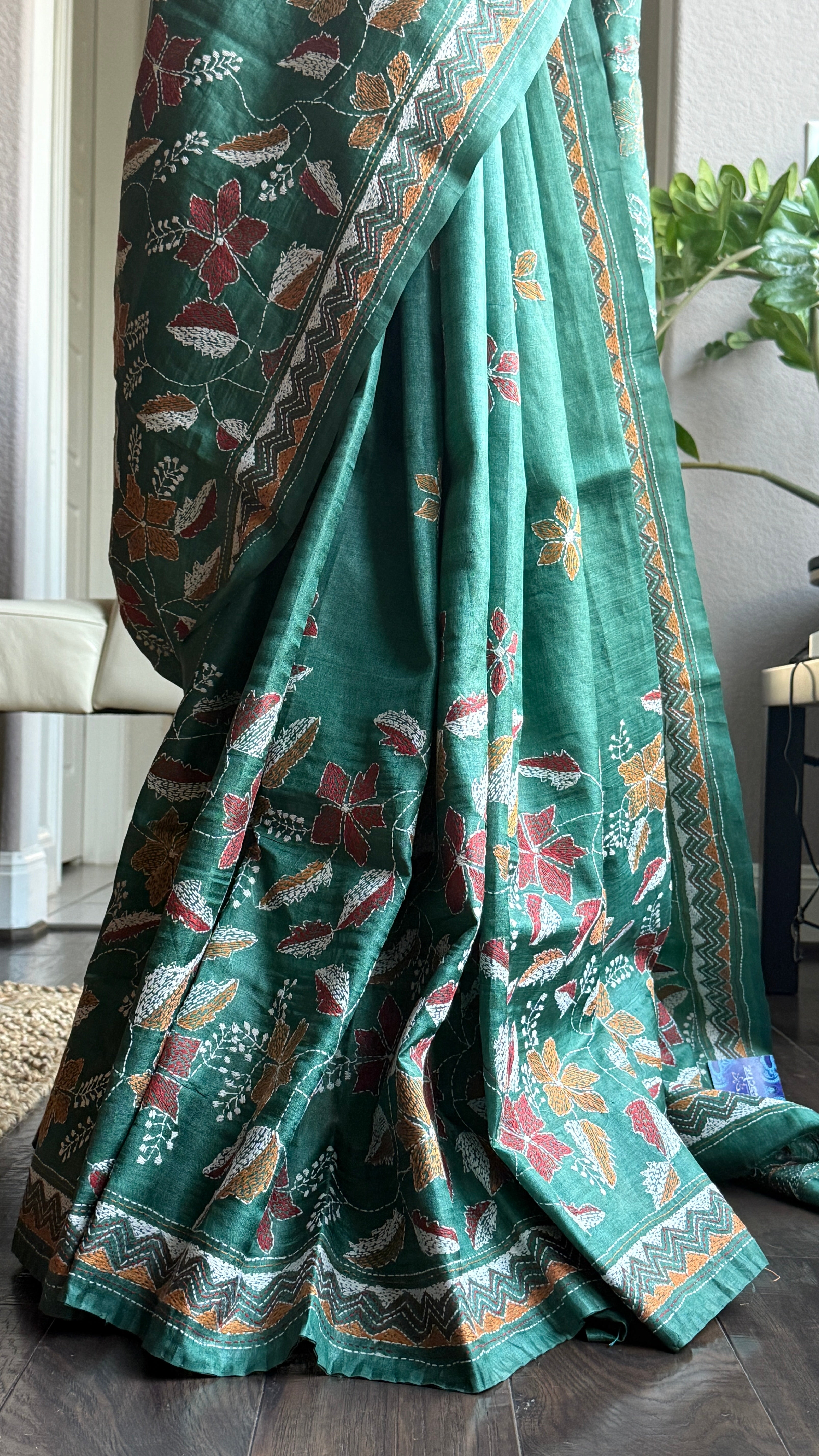 Pure Tussar Silk Kantha Stitch -  Dark Green Multi Color