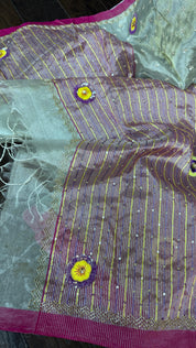 Hand Zardozi Pure Chanderi Tissue Silk - Silver Pink Woven