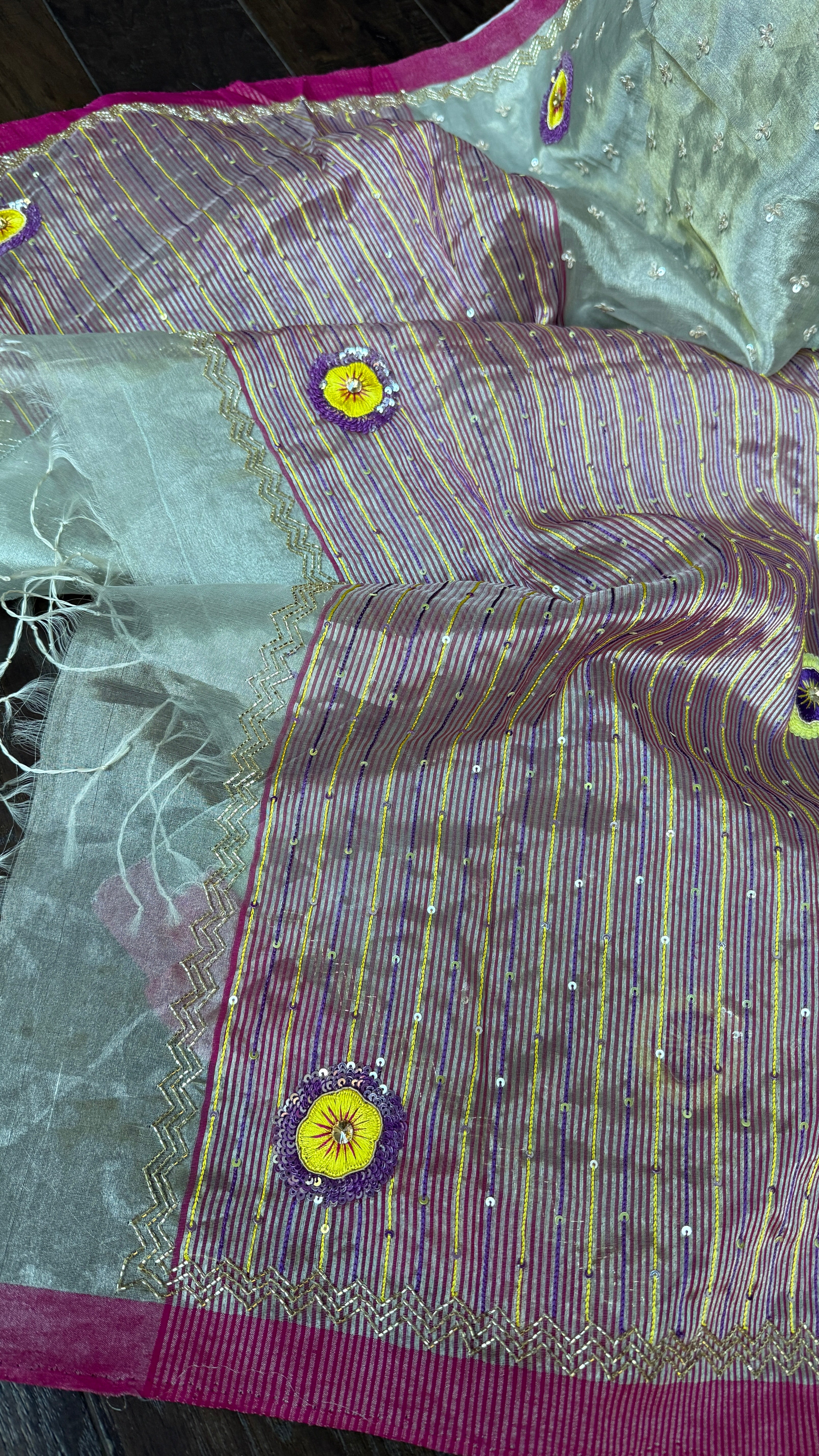 Hand Zardozi Pure Chanderi Tissue Silk - Silver Pink Woven