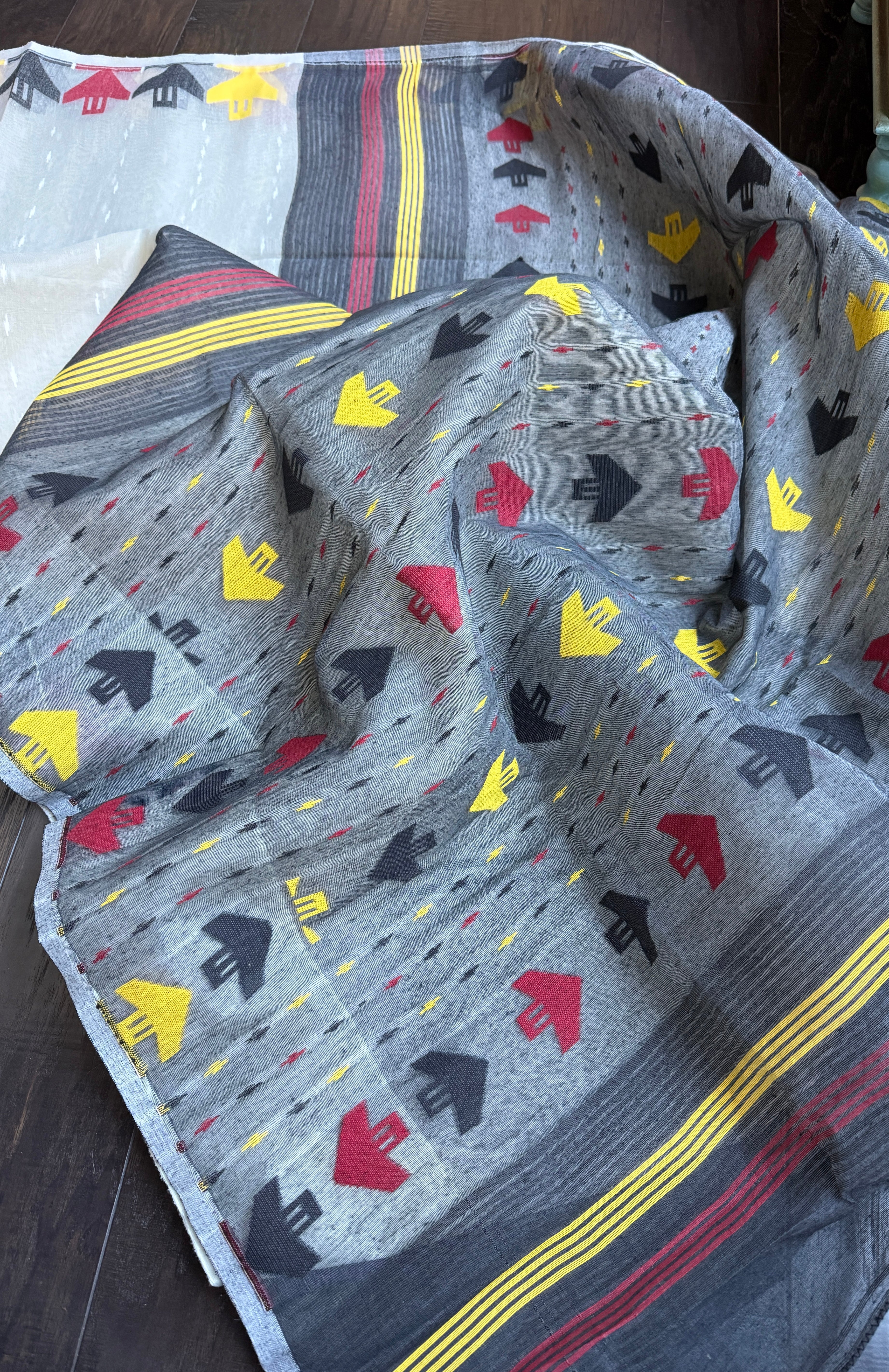 Dhakai Jamdani  - Off White Black Yellow Red