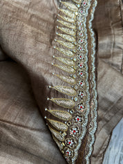 Designer Hand Zardozi Pure Tussar Silk - Brown