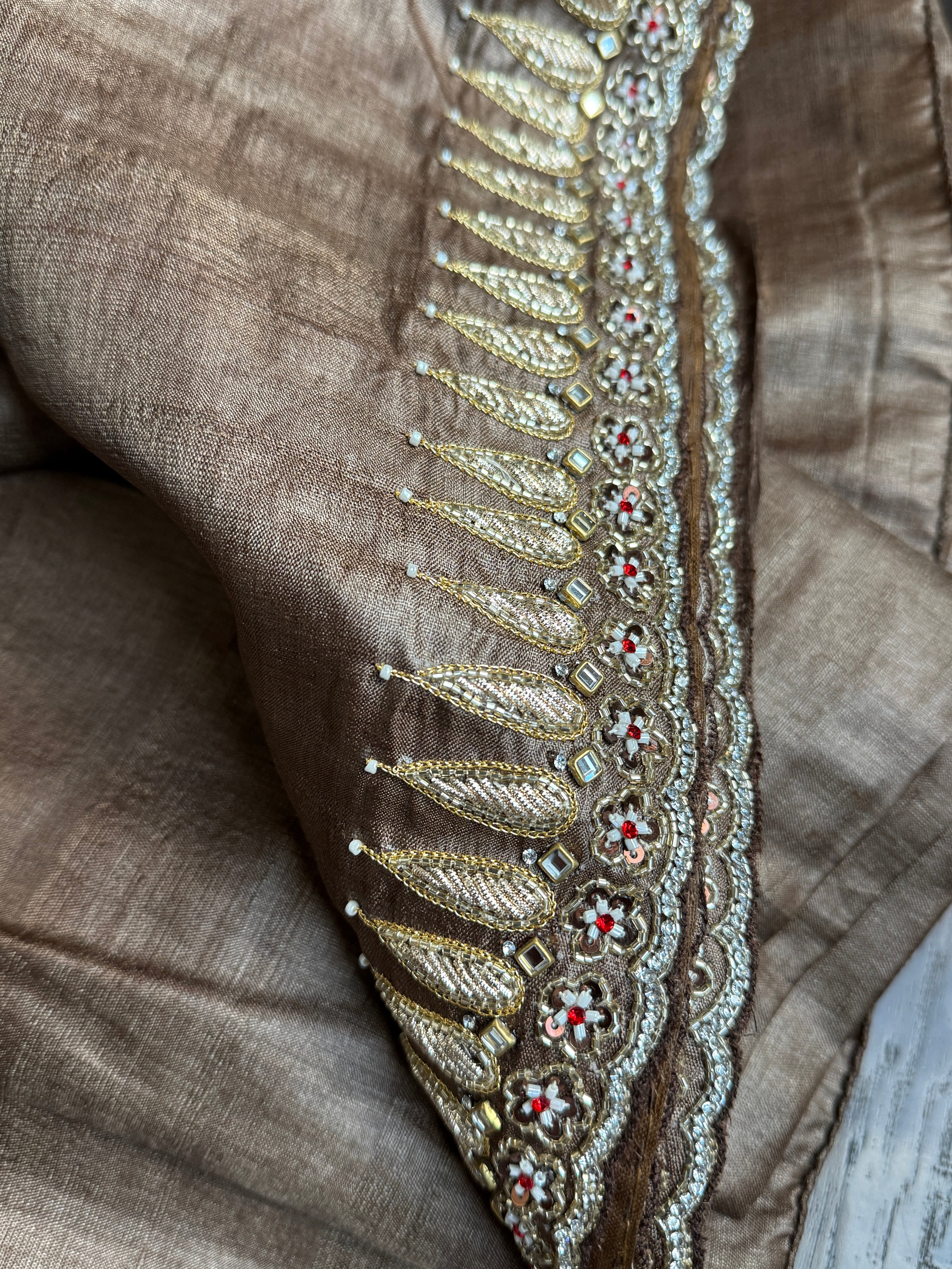 Designer Hand Zardozi Pure Tussar Silk - Brown