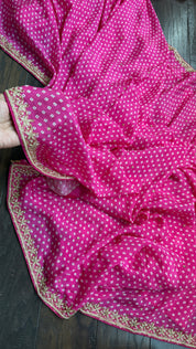 Designer Satin Georgette - Pink Bandhej Print