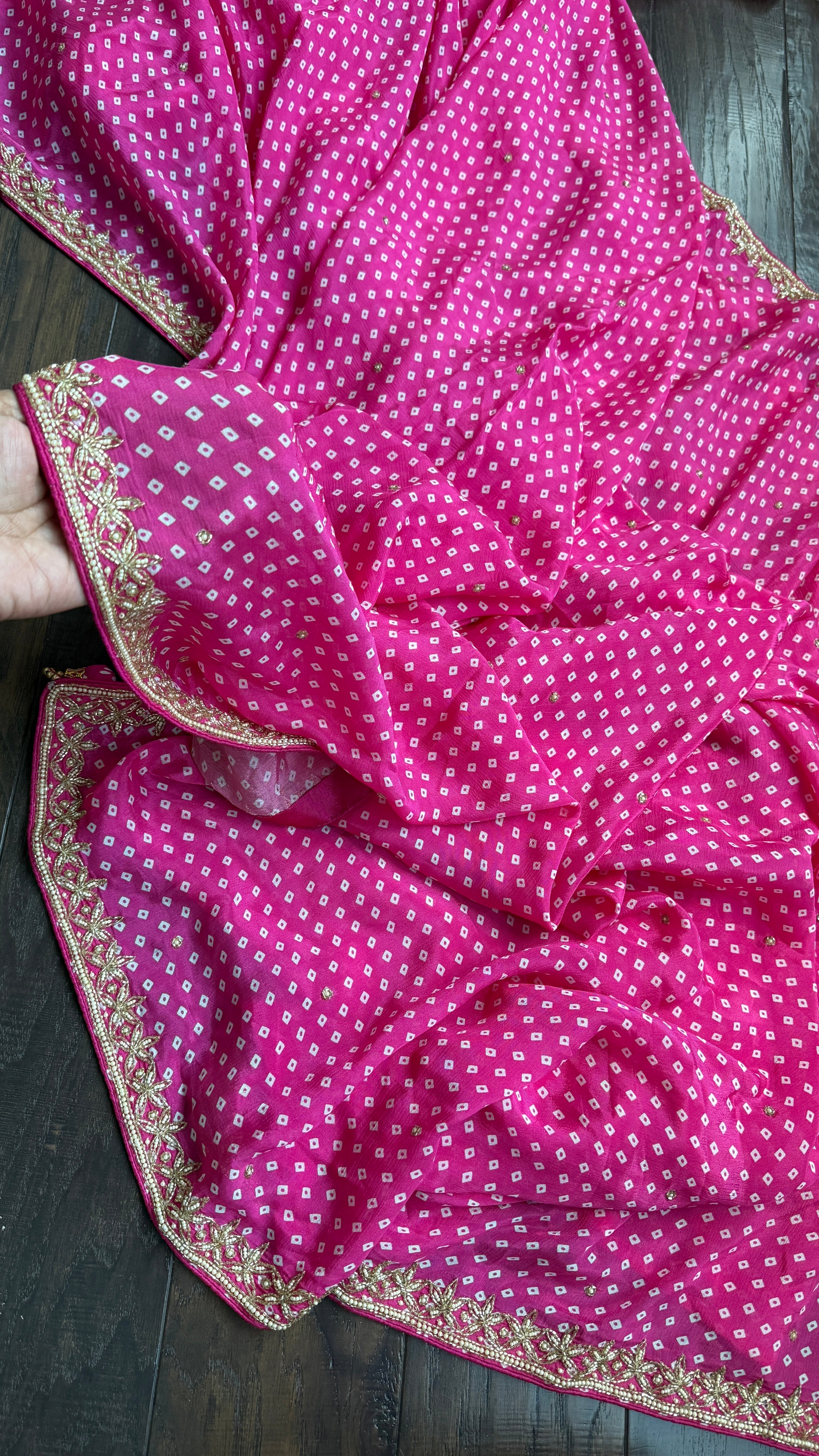 Designer Satin Georgette - Pink Bandhej Print