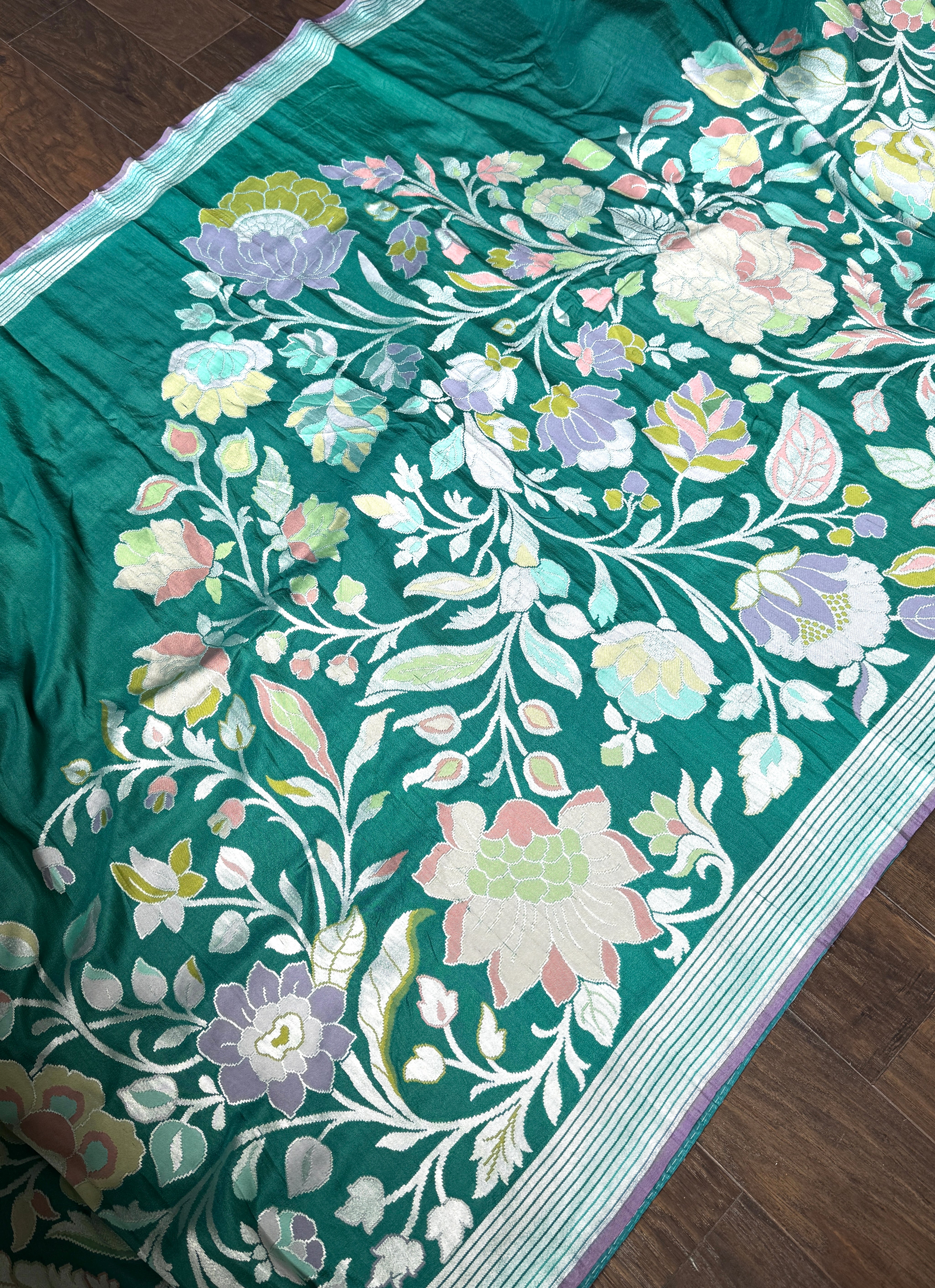 Khaddi Tussar Banarasi - Teal Blue Meenakari