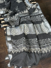 Linen Printed - Black White Silver Zari