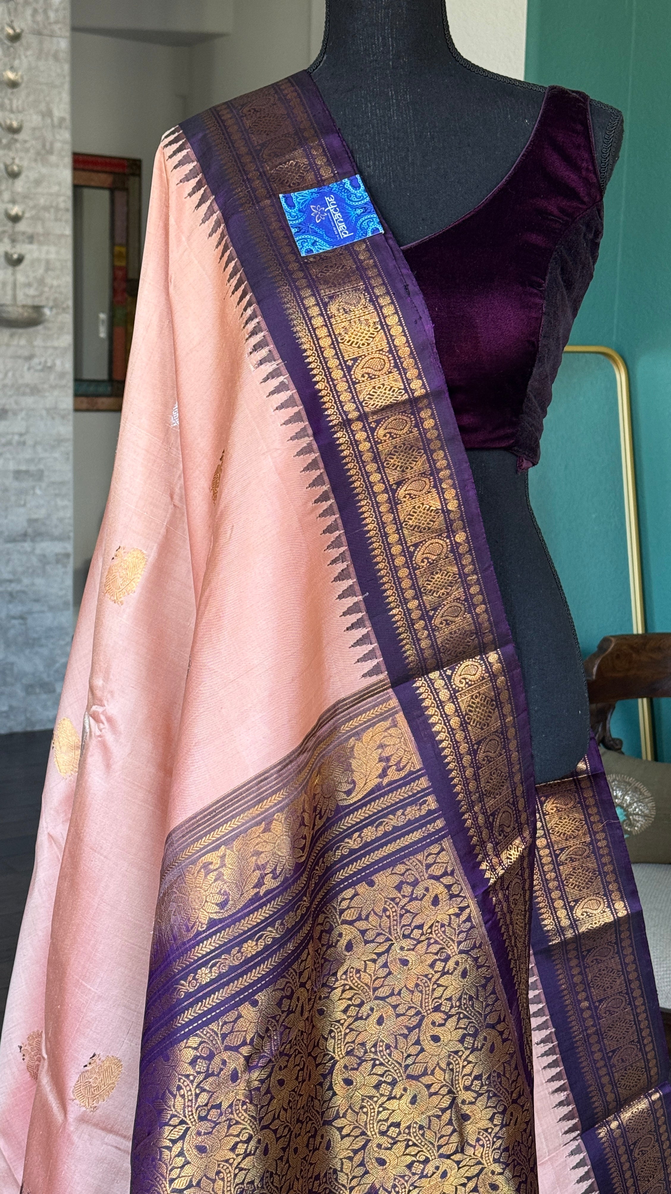 Pure Silk Gadwal - Peach Burgundy