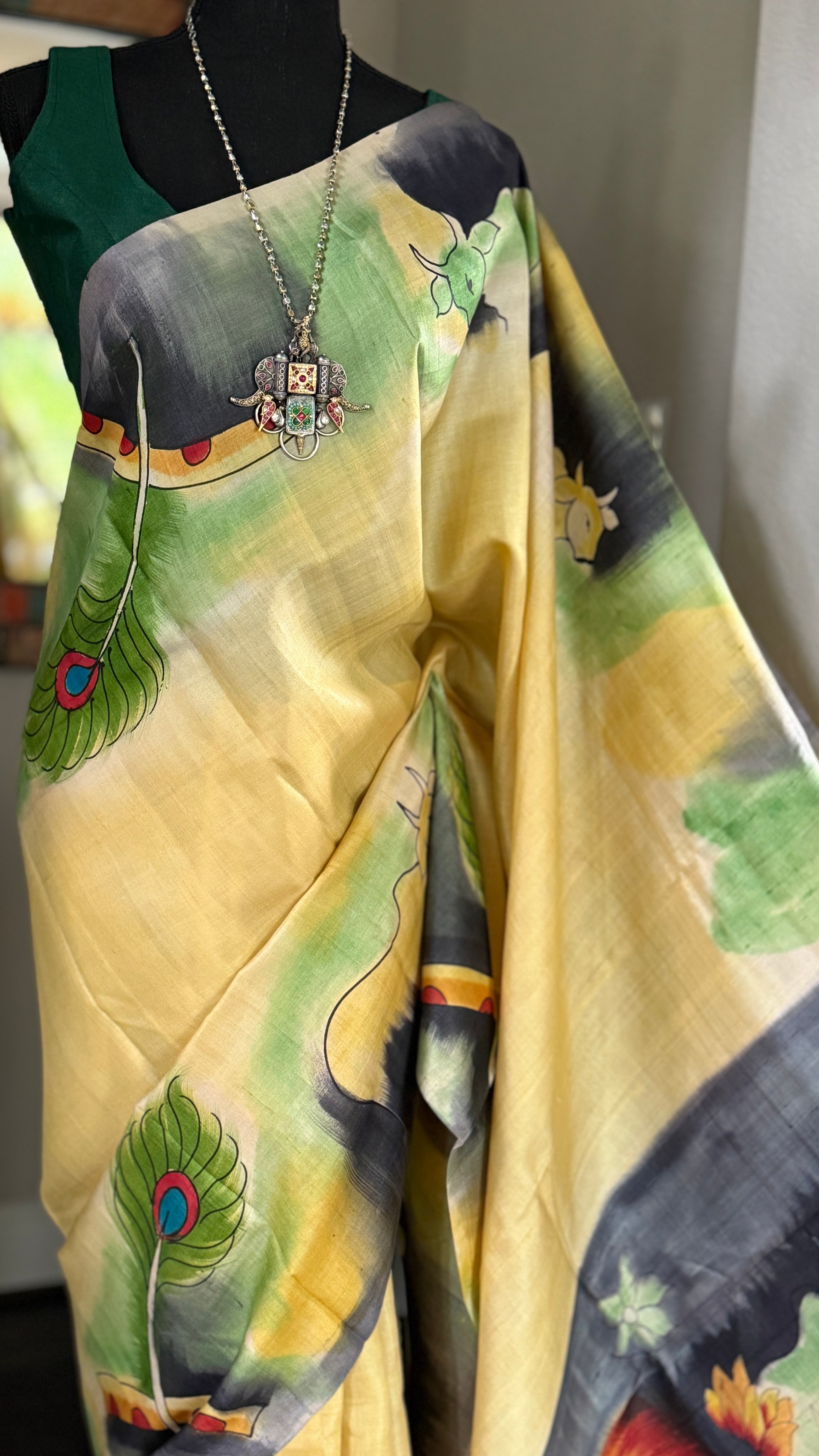 Pure Tussar Silk - Light Lemon Yellow Hand Painted