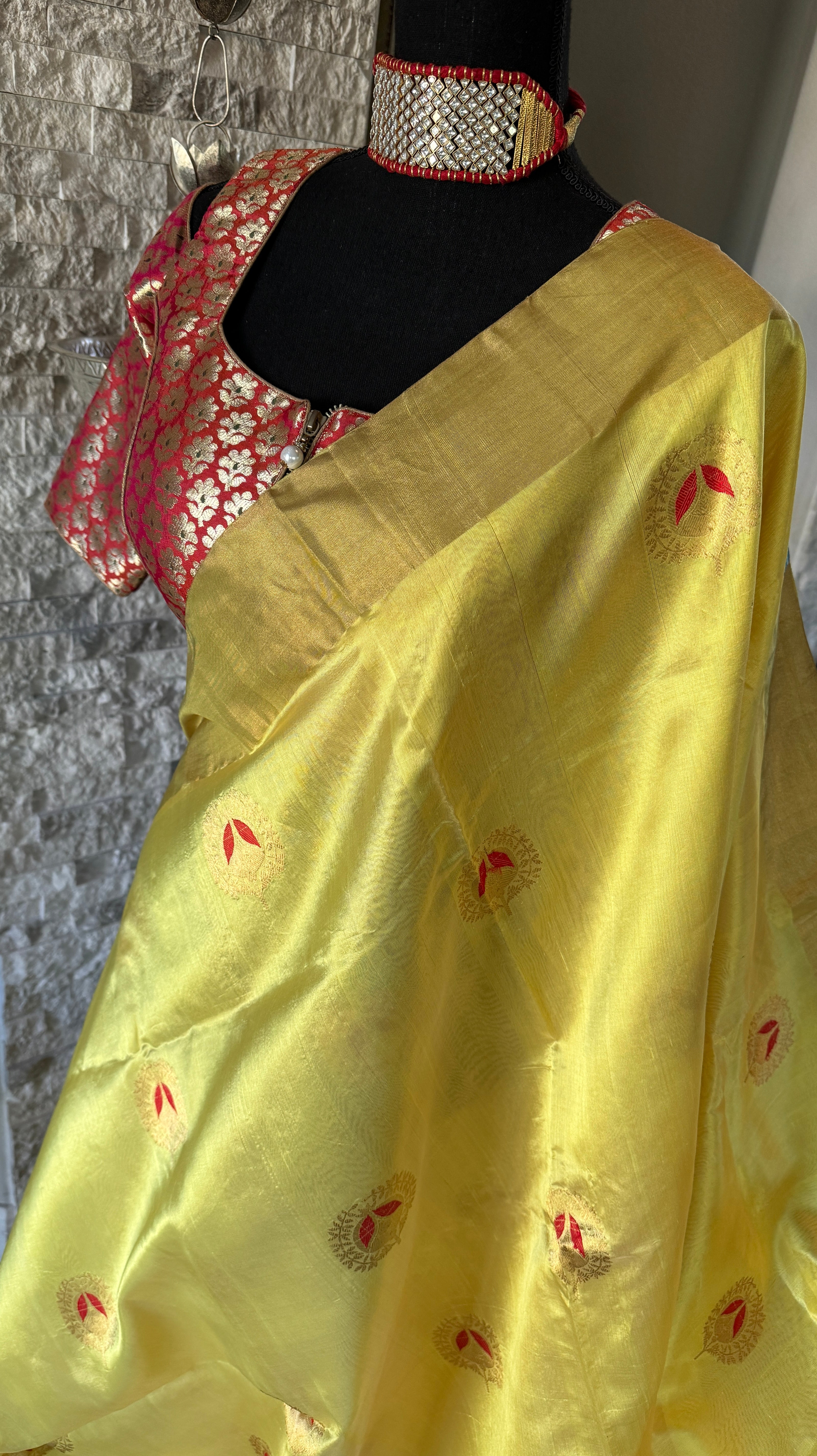 Pure Chanderi Silk - Yellow Red Eknaliya Woven