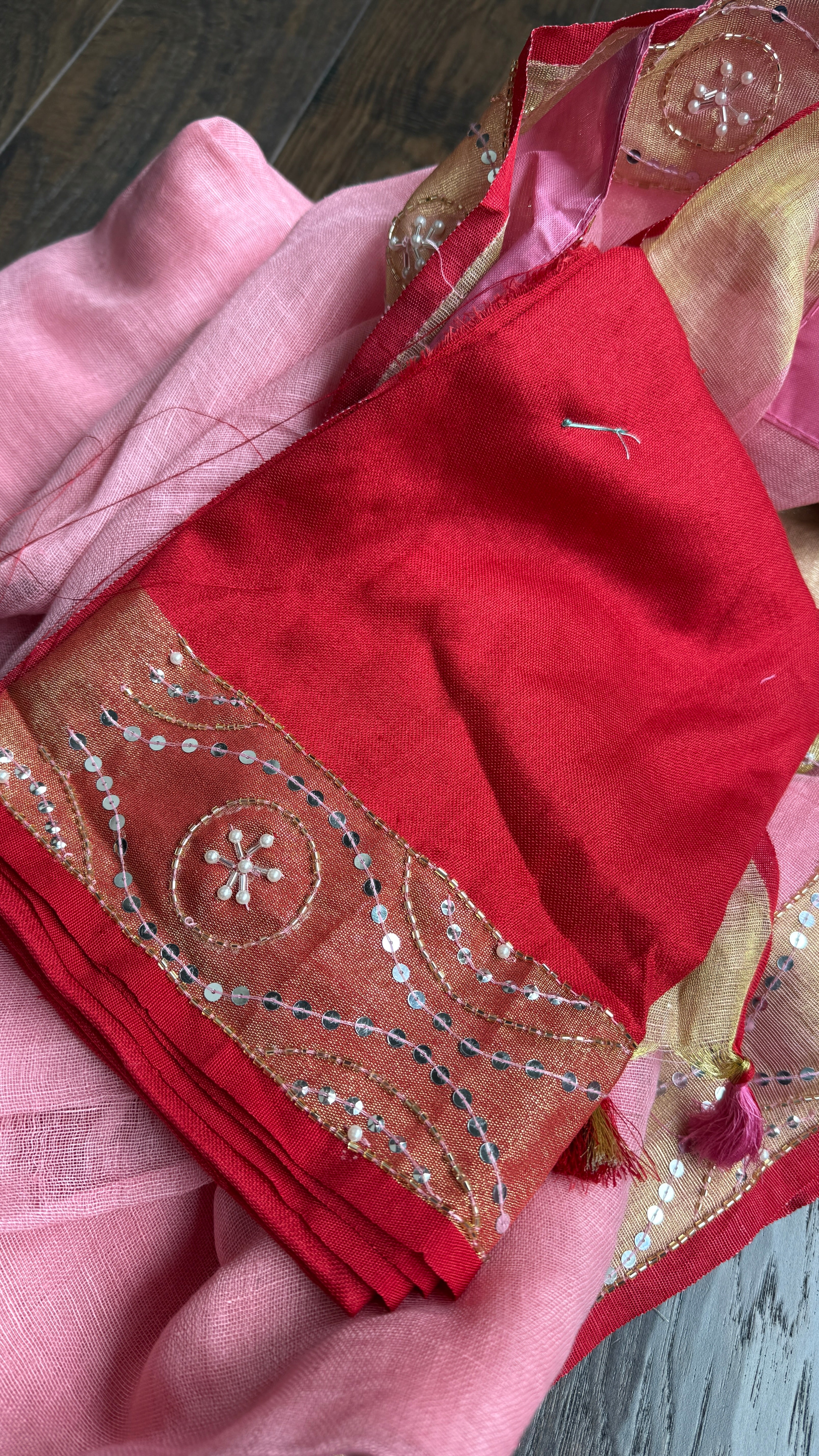 Designer Linen Sequin Embroidered - Peach Red