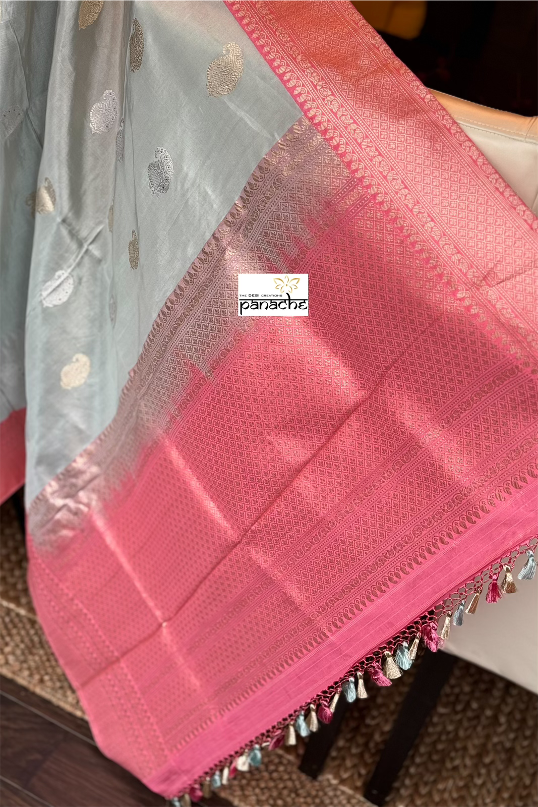 Pure Tissue Katan Silk Banarasi - Silver Grey Pink Woven