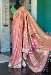 Khaddi Tussar Banarasi -  Gajri Pink Green Paithani