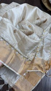 Designer Tussar Silk Zardozi - Beige Golden Purple Green Embroidered