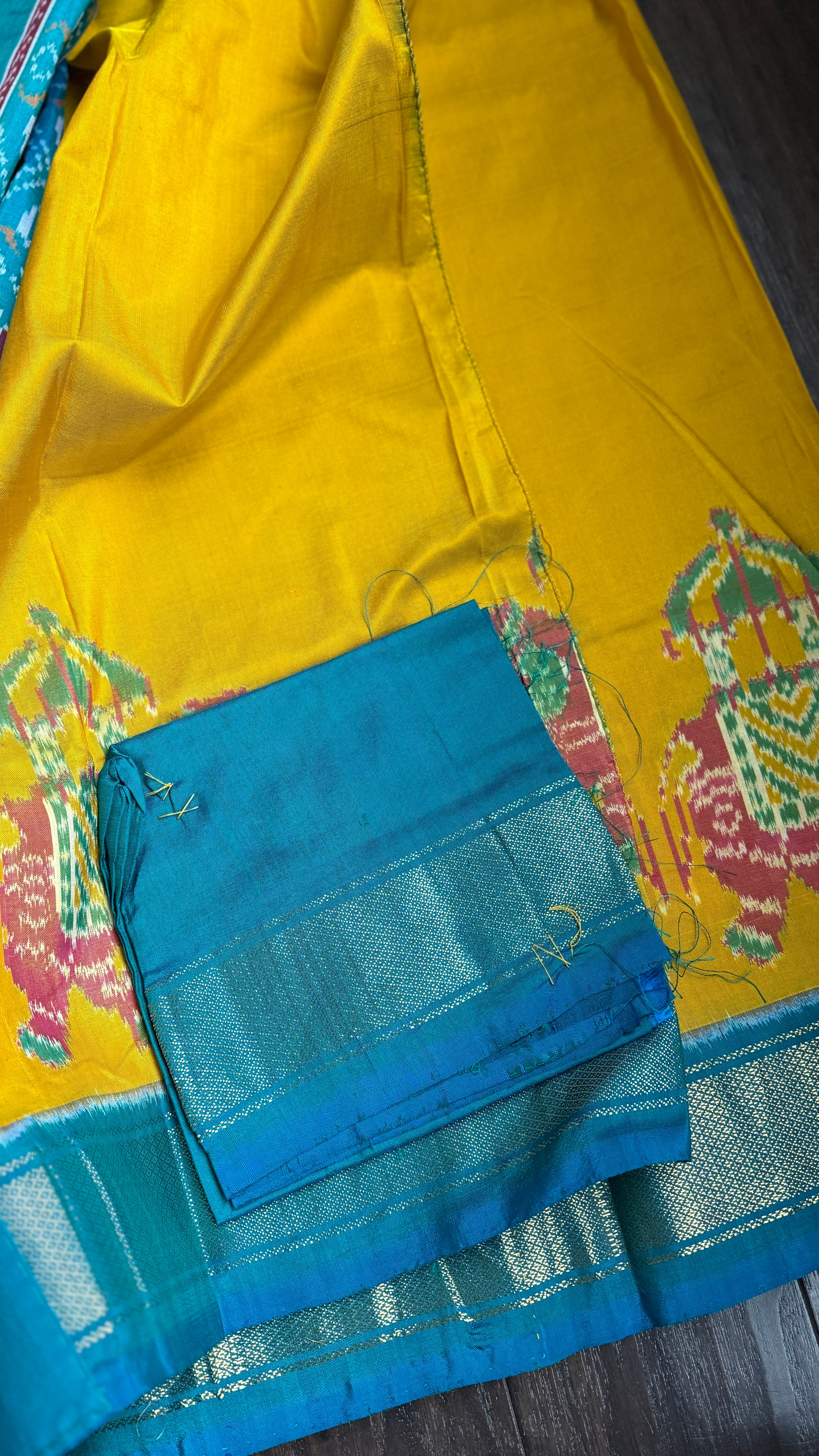 Pure Silk Ikat - Yellow Firozi Pochampally