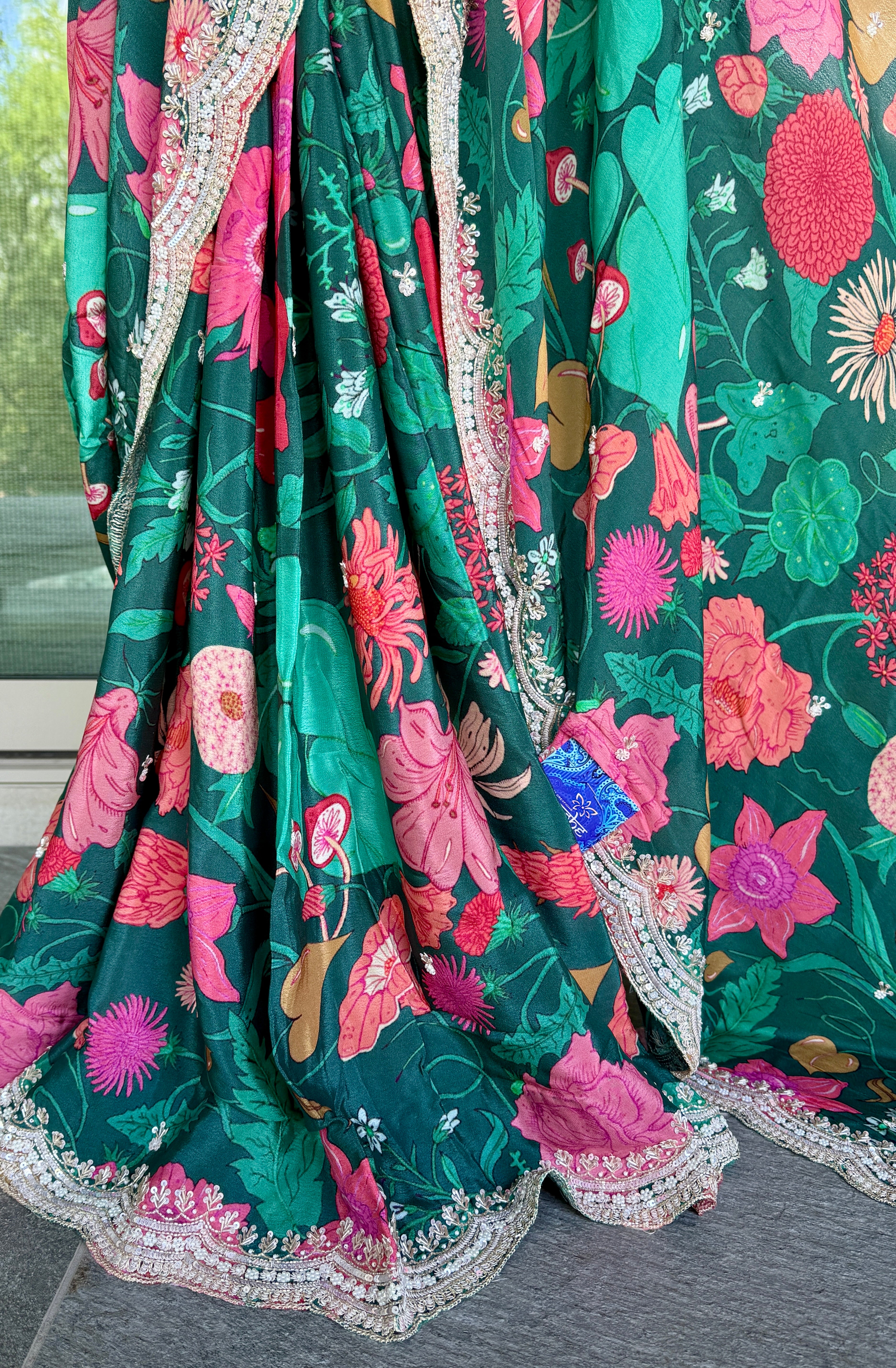 Designer Crepe Satin - Green Multi Color