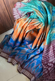 Gopalpur Tussar Silk Ikat - Sea green Plum Orange