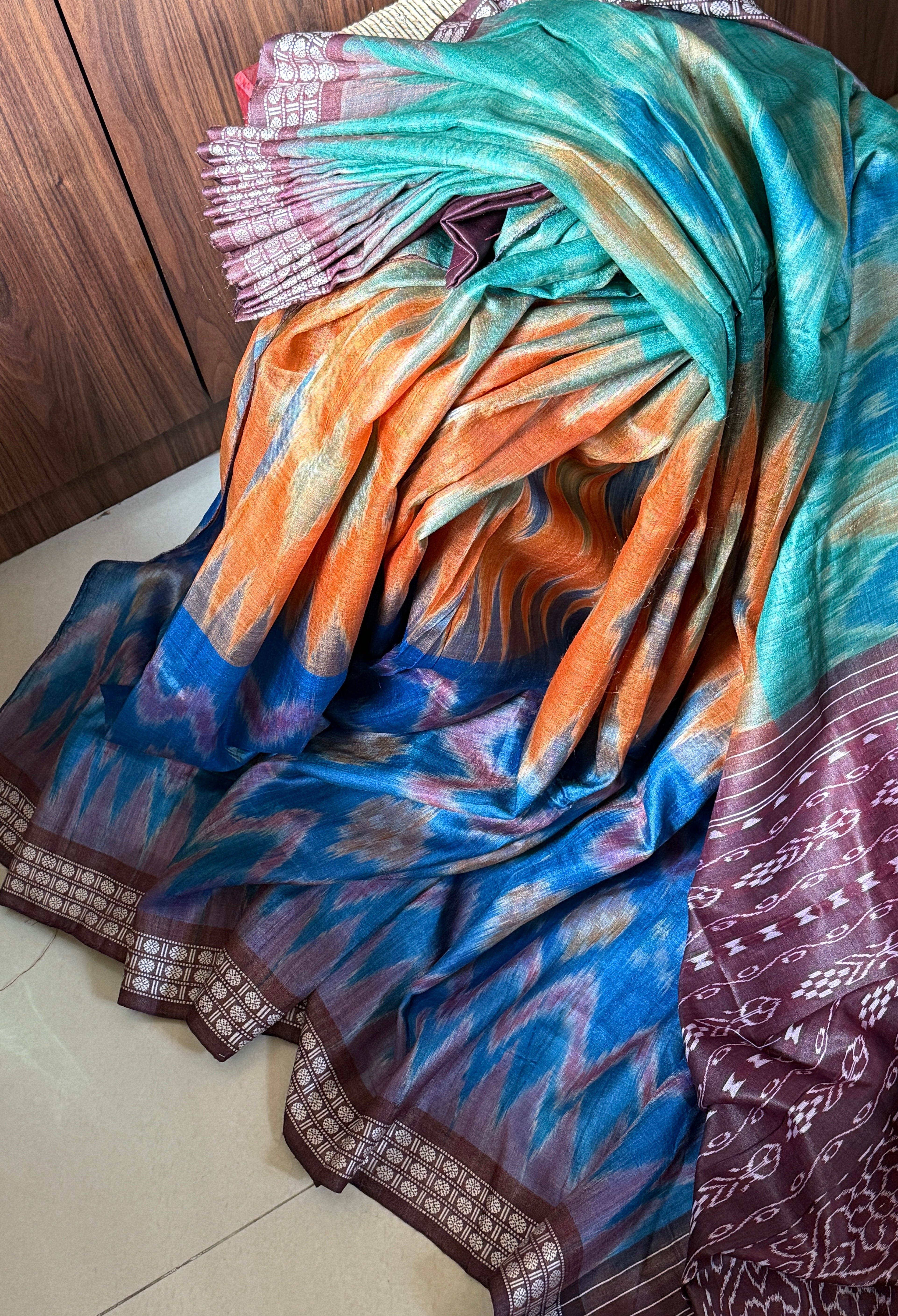 Gopalpur Tussar Silk Ikat - Sea green Plum Orange