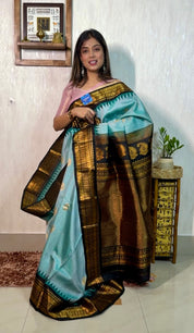 Pure Silk Gadwal - Aqua Sea Blue Black