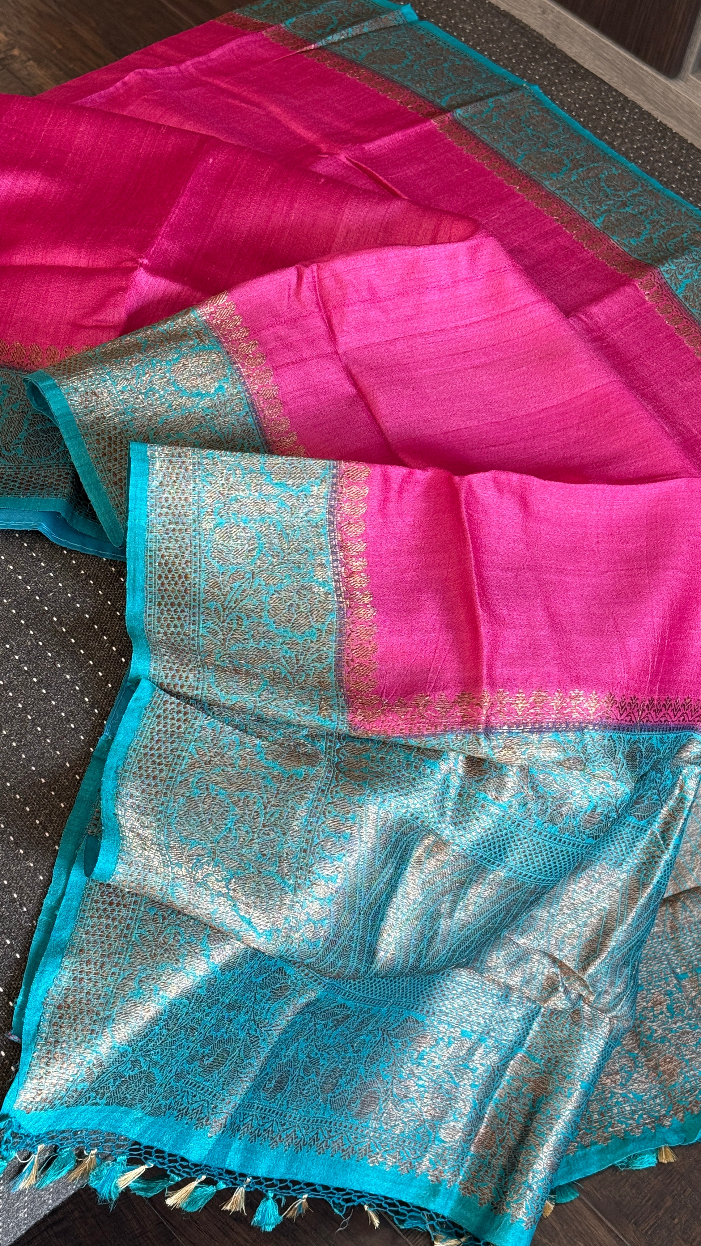 Tussar Silk Banarasi - Magenta Pink Firozi Antique Zari