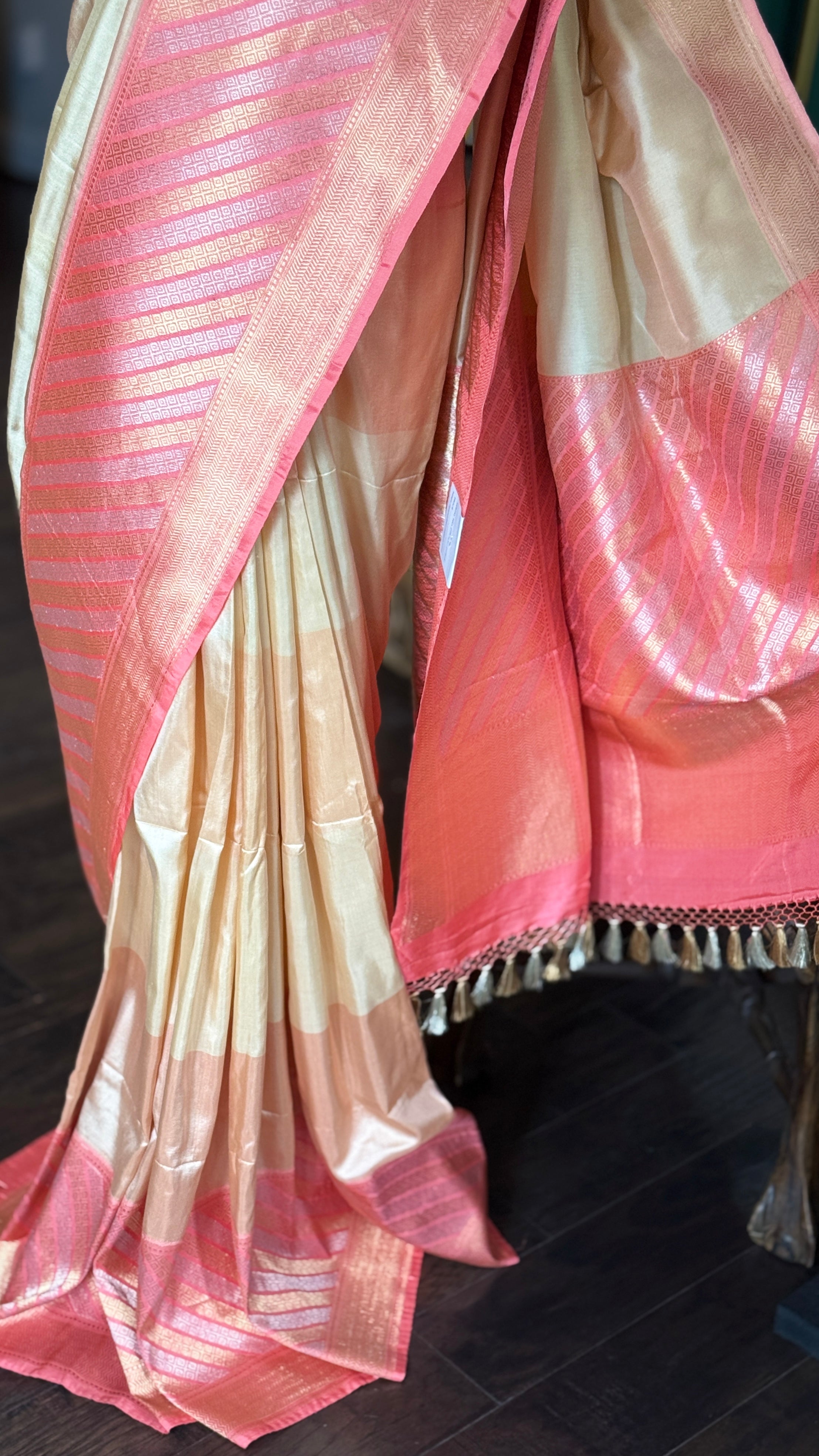 Pure Katan Silk Benarasi - Ivory Pink Golden Silver Zari