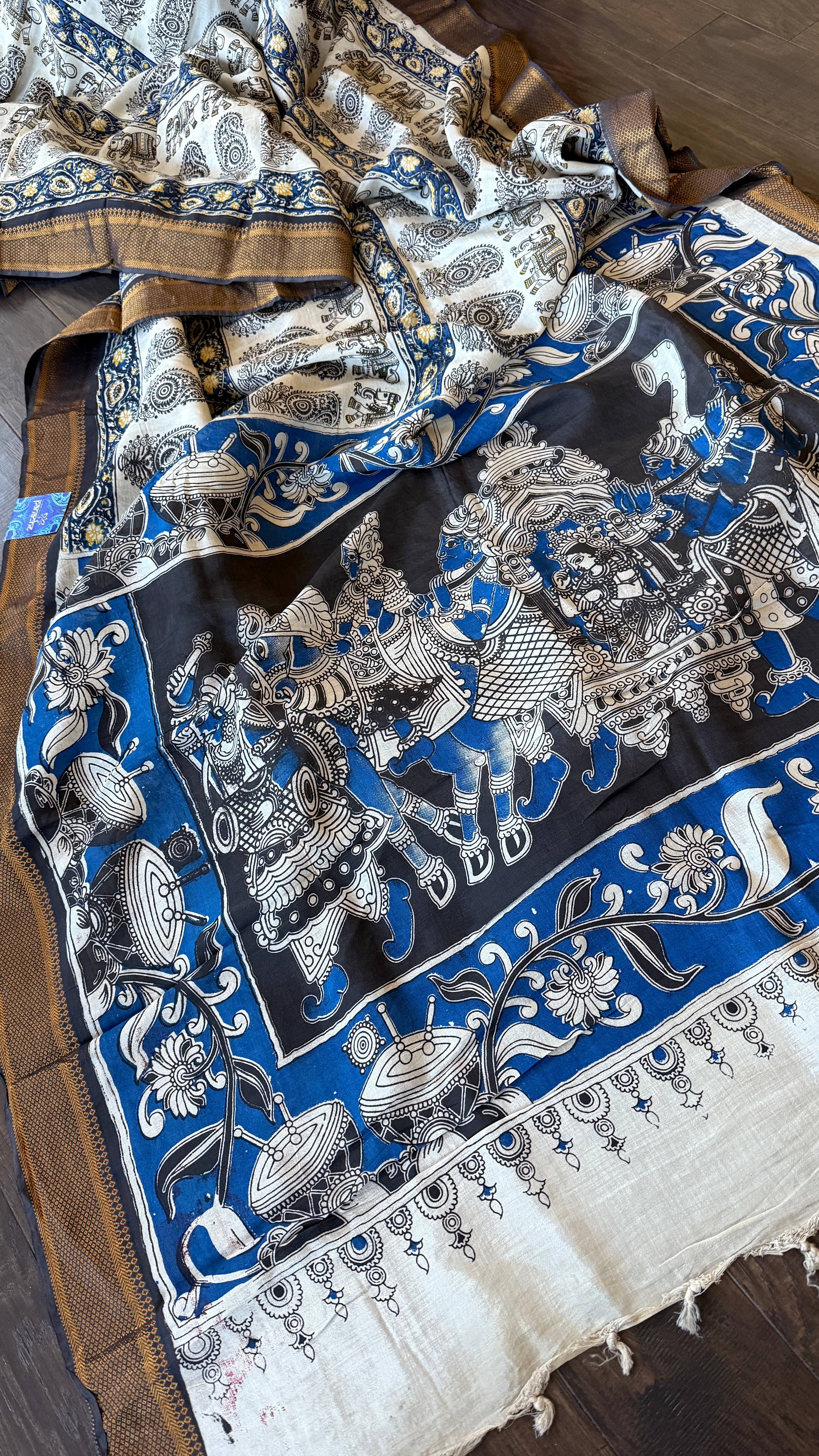 Chinori Silk Kalamkari  - Dusty White Blue