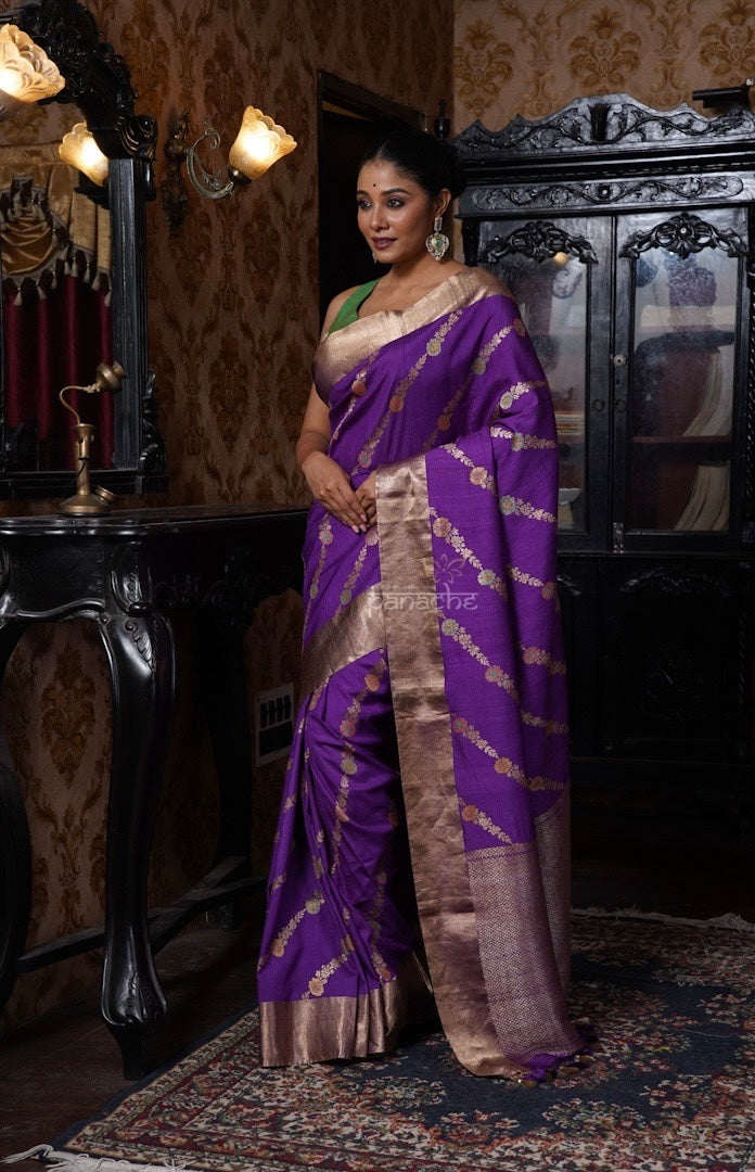 Khaddi Tussar Georgette Banarasi - Purple Leheriya Meenakari