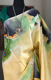 Pure Tussar Silk - Light Lemon Yellow Hand Painted
