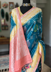 Khaddi Tussar Paithani Banarasi -  Teal Blue Multi Meenakari