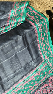 Pure Tussar Silk Kantha Stitch -  Grey Green