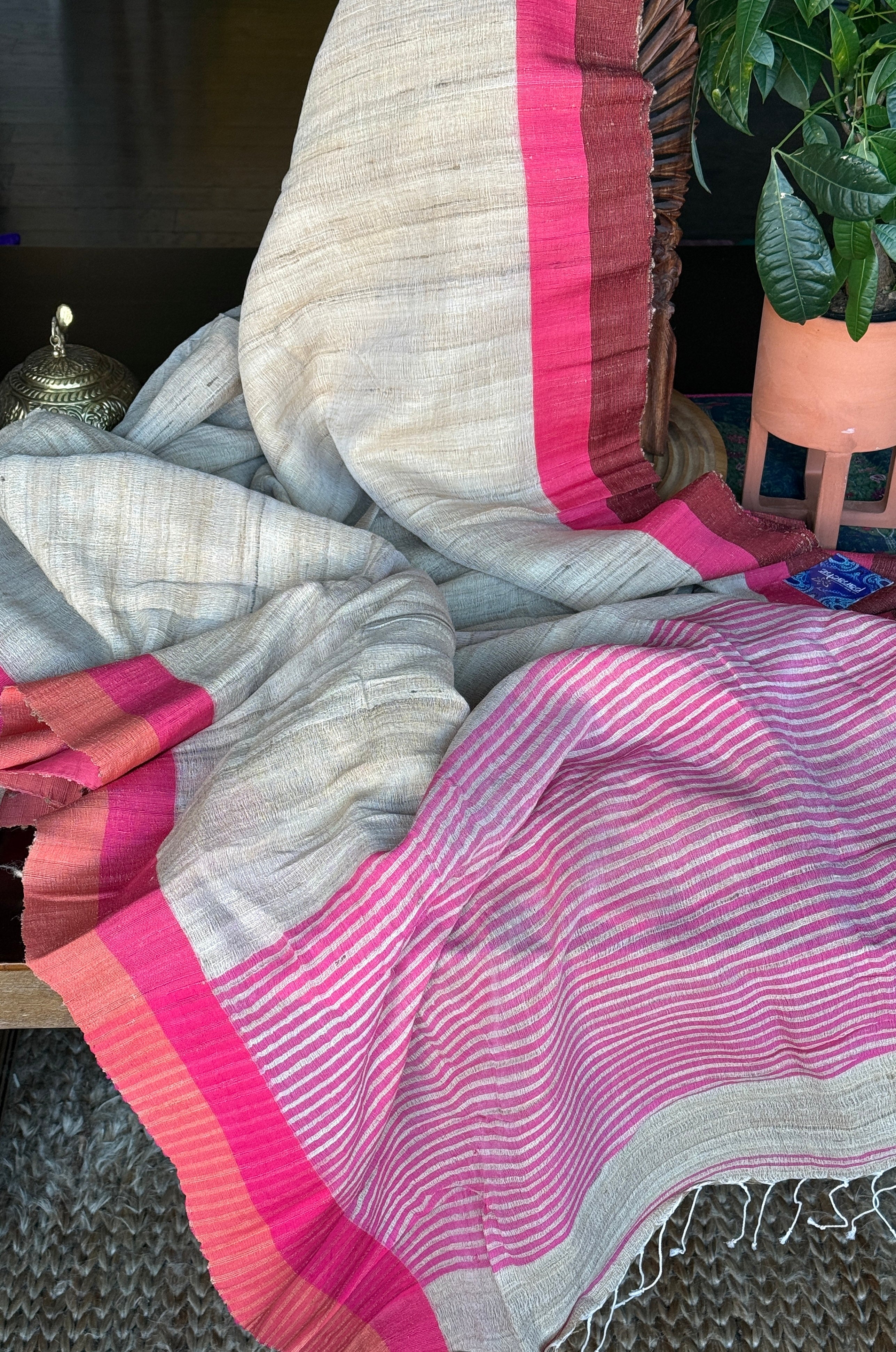 Pure Tussar Gicha Silk -  Beige Pink Brown