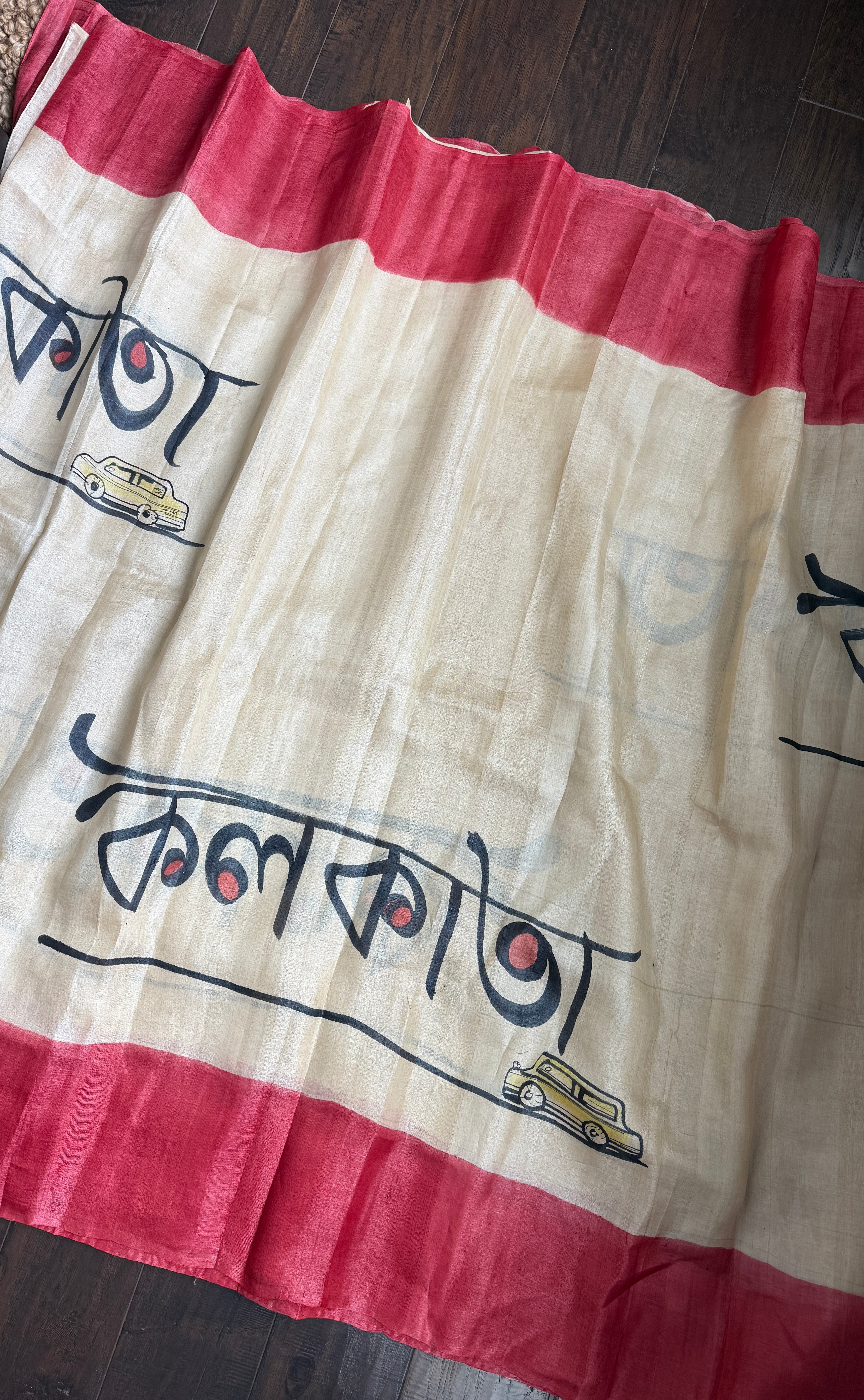 Pure Tussar Silk -  Cream Black Red Kolkata Printed