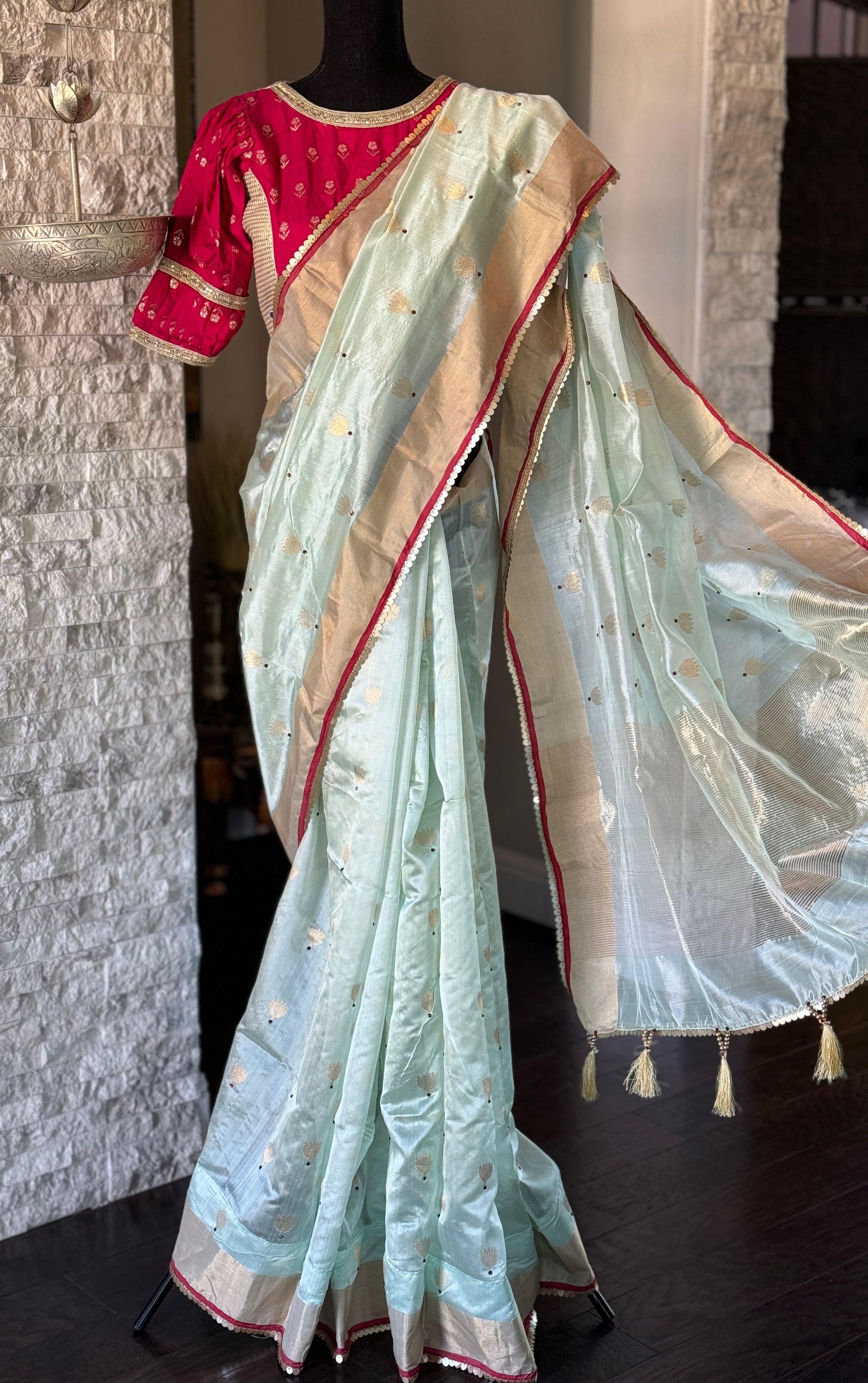 Designer Pure Chanderi Silk - Mint Green Eknaliya Woven