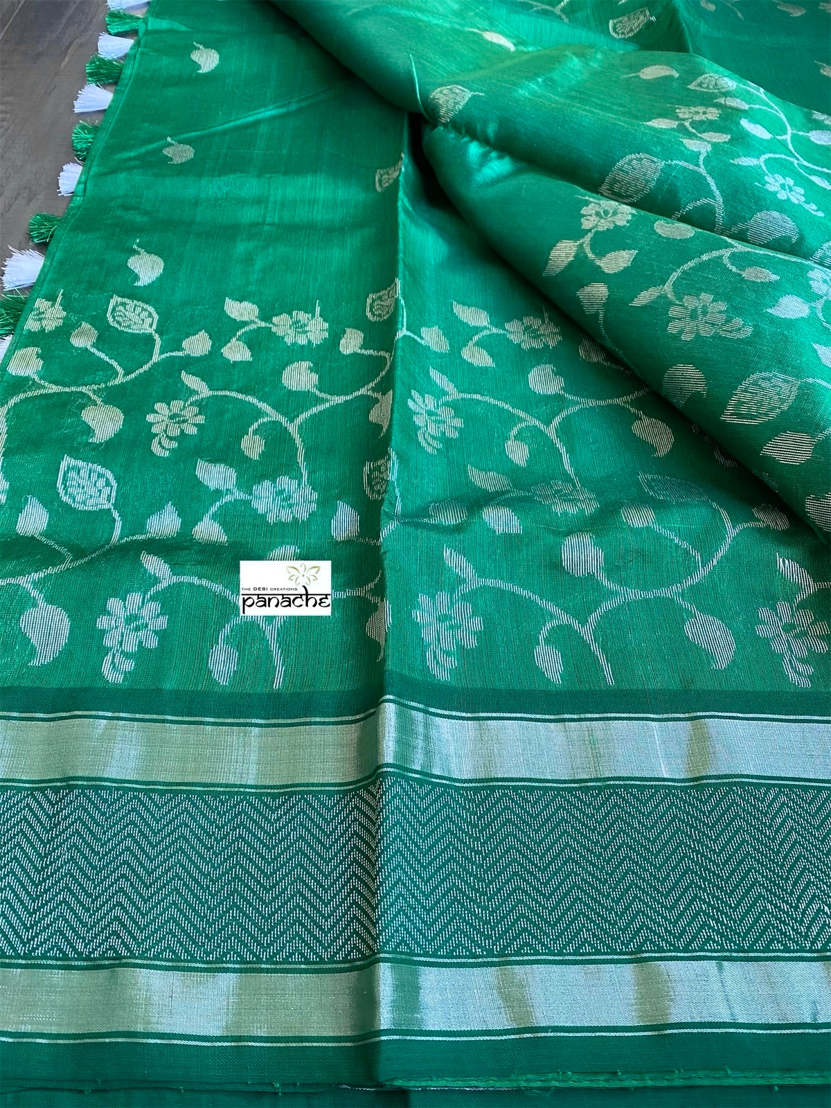 Pure Chanderi Silk - Green Silver Zari