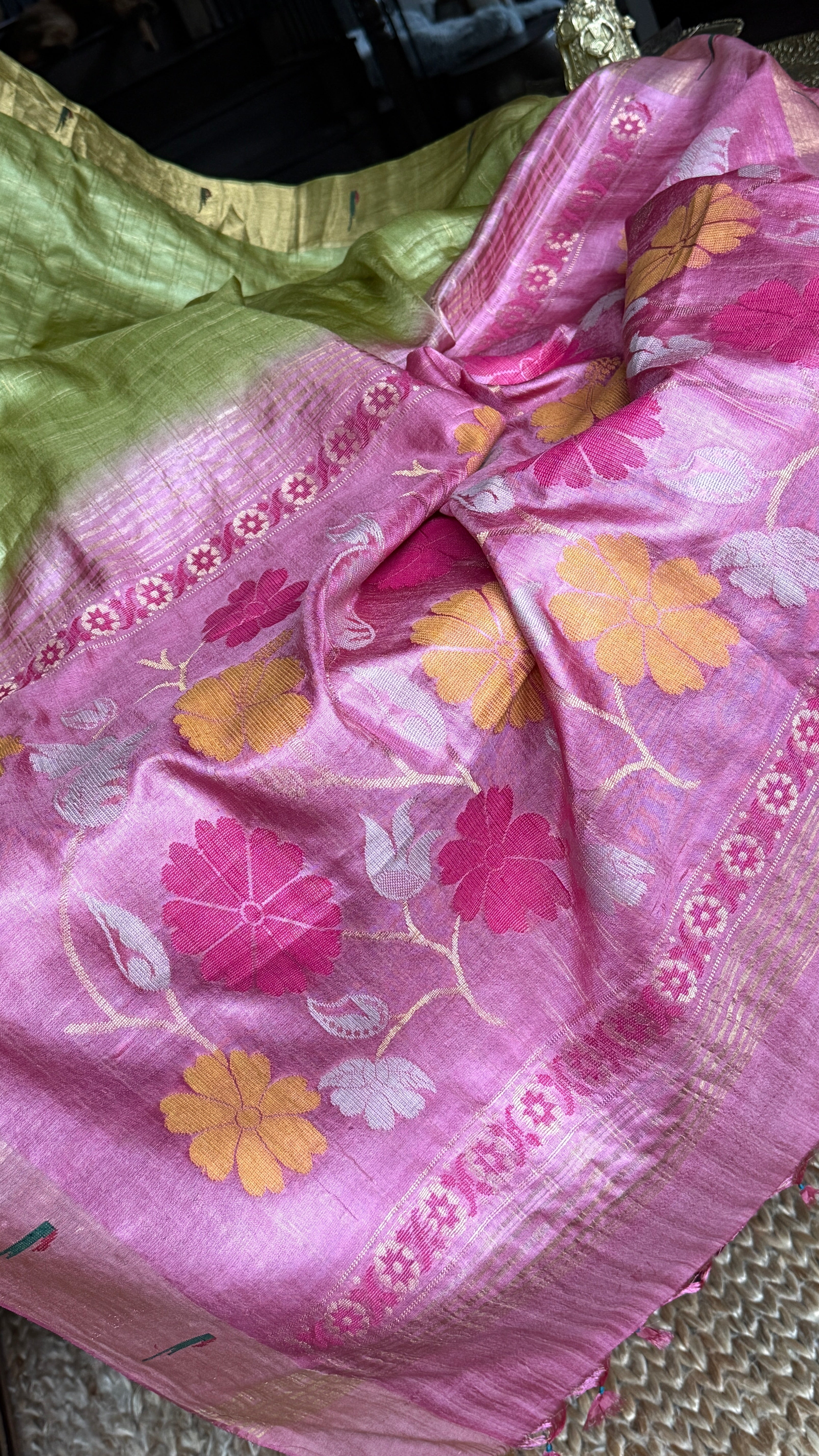 Tussar Silk Paithani Single Munia - Henna Green Handwoven