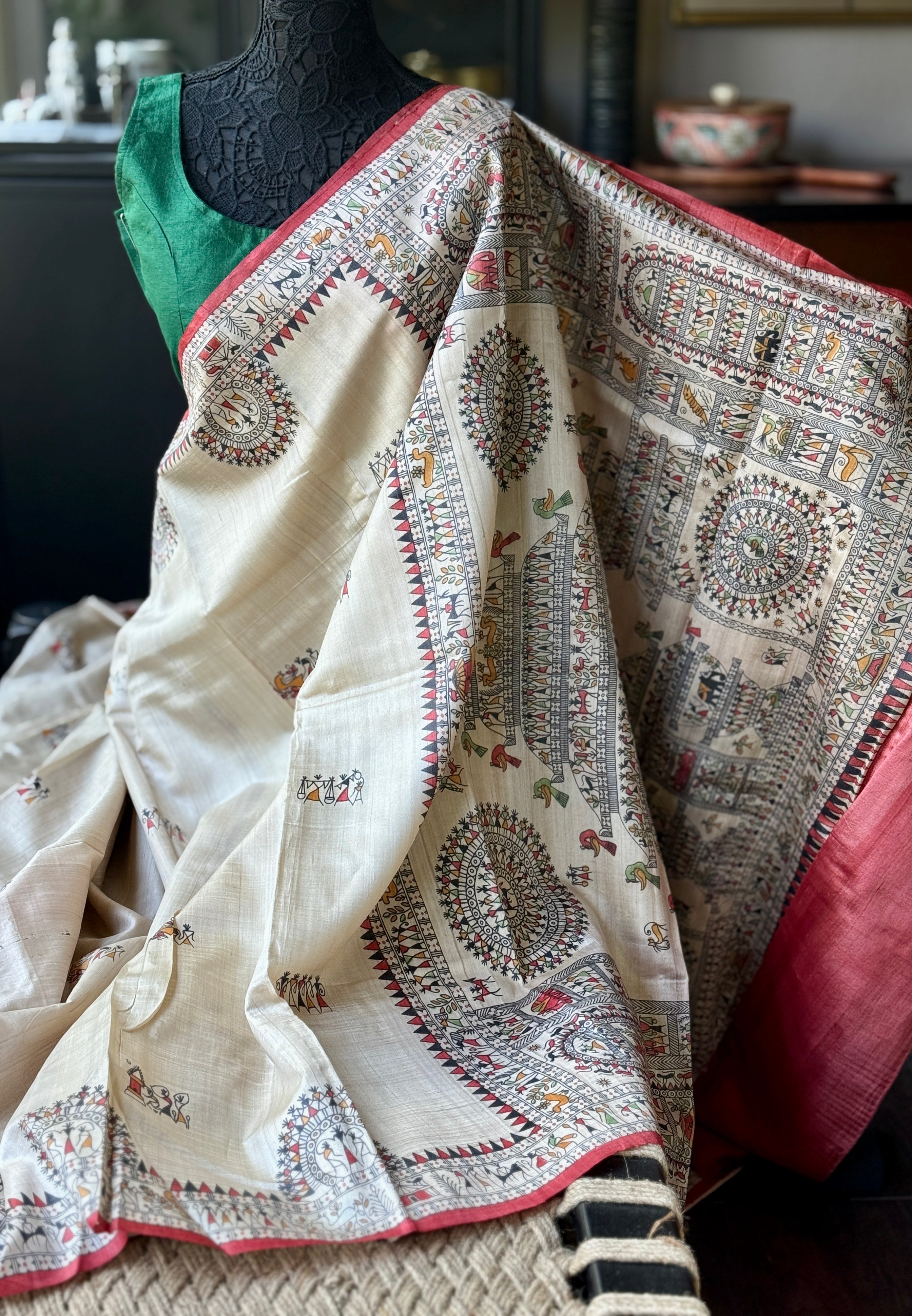 Pure Tussar Silk - Beige Worli Printed