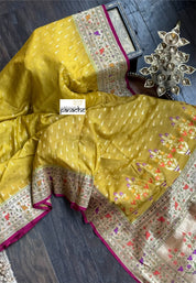 Khaddi Georgette Banarasi - Ochre Yellow Mahenta Paithani