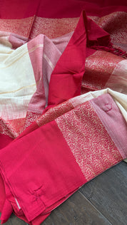 Pure Khadi Cotton Jamdani Handwoven - Off White Red Zari
