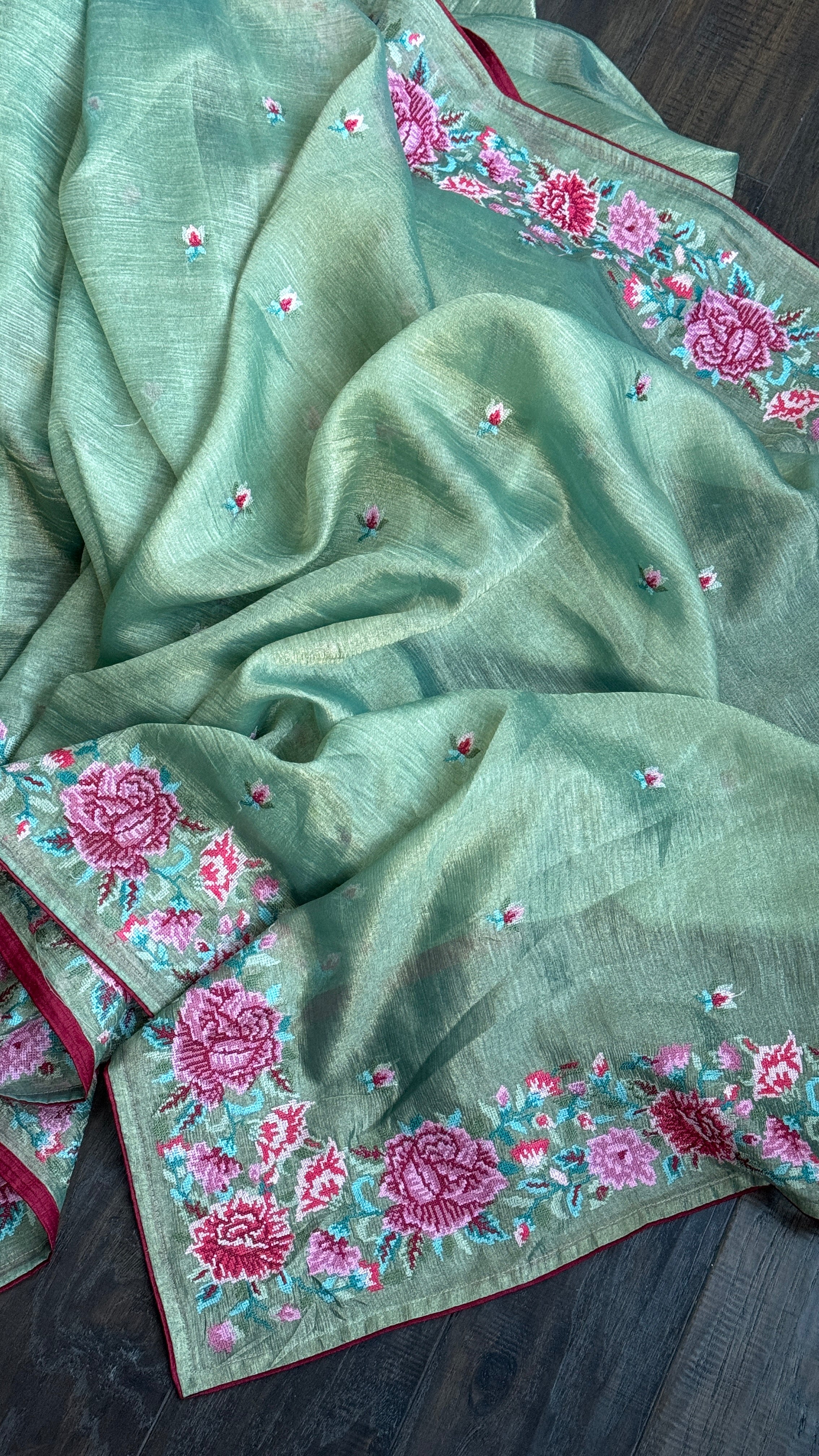 Designer Crushed Tissue Silk - Sea green Embroidered